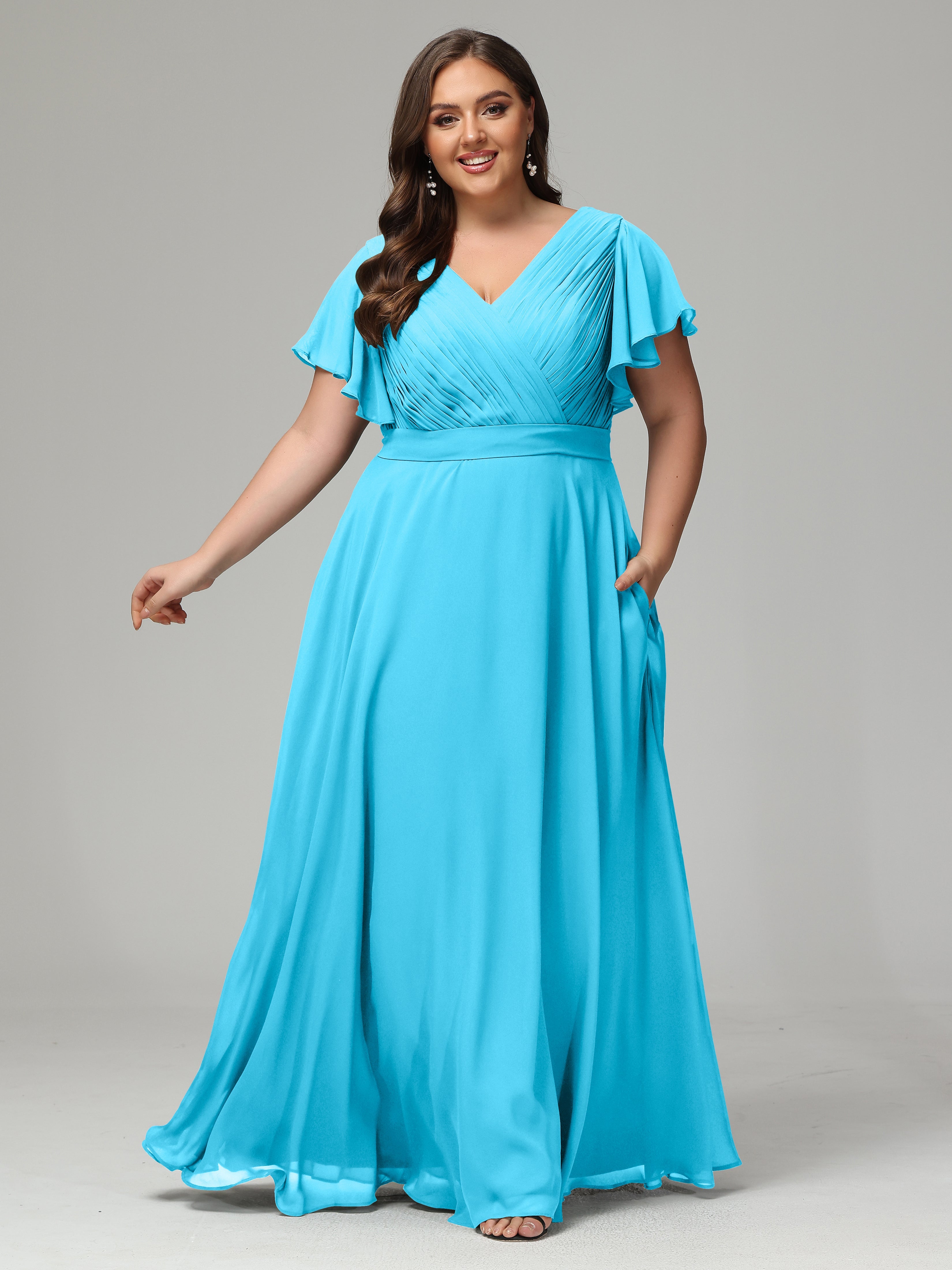 Robe De Demoiselle D'Honneur En Piscine Grande Taille Dos En V Manches Courtes Mousseline