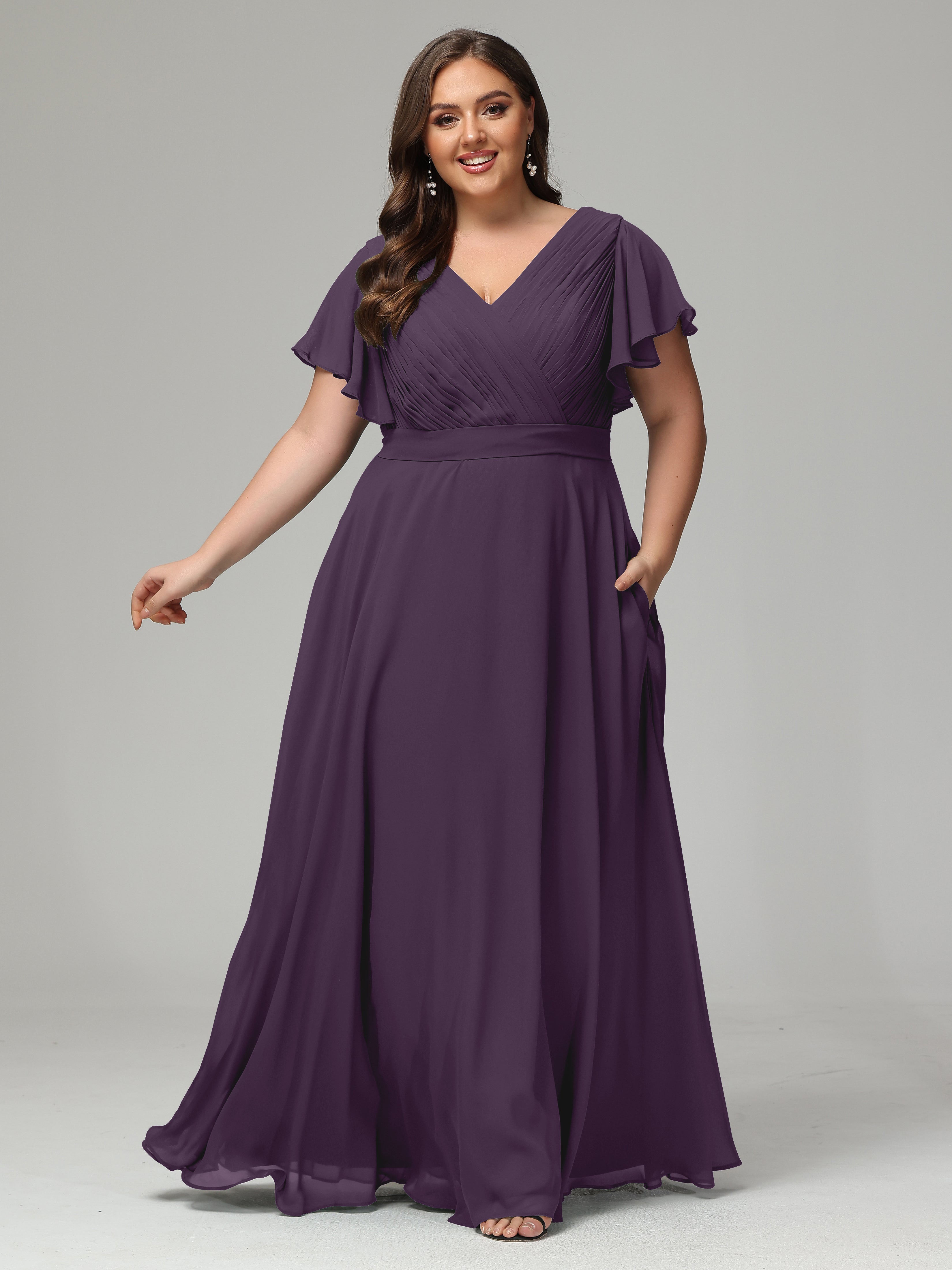 Robe De Demoiselle D'Honneur En Plum Grande Taille Dos En V Manches Courtes Mousseline