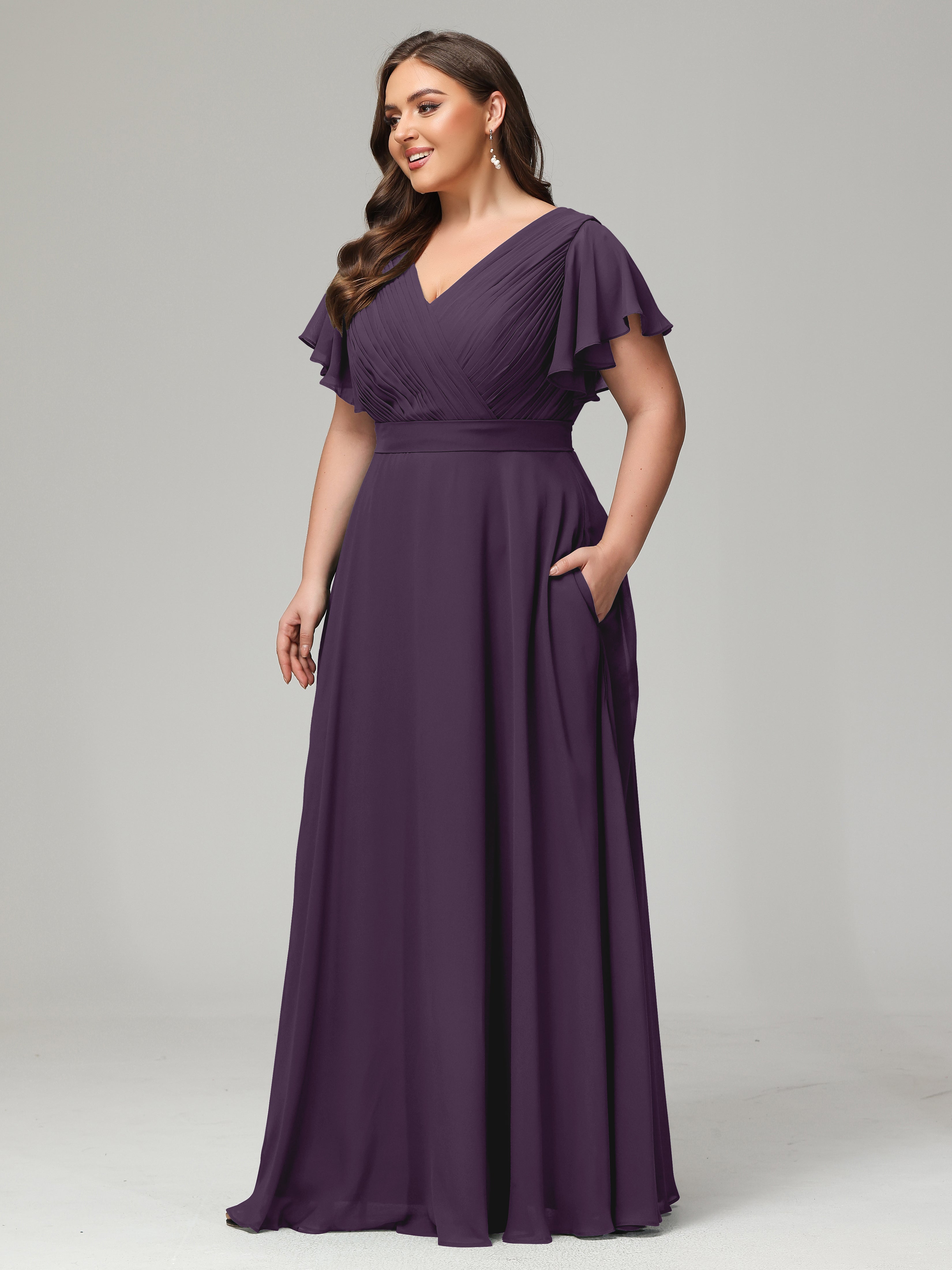 Robe De Demoiselle D'Honneur En Plum Grande Taille Dos En V Manches Courtes Mousseline
