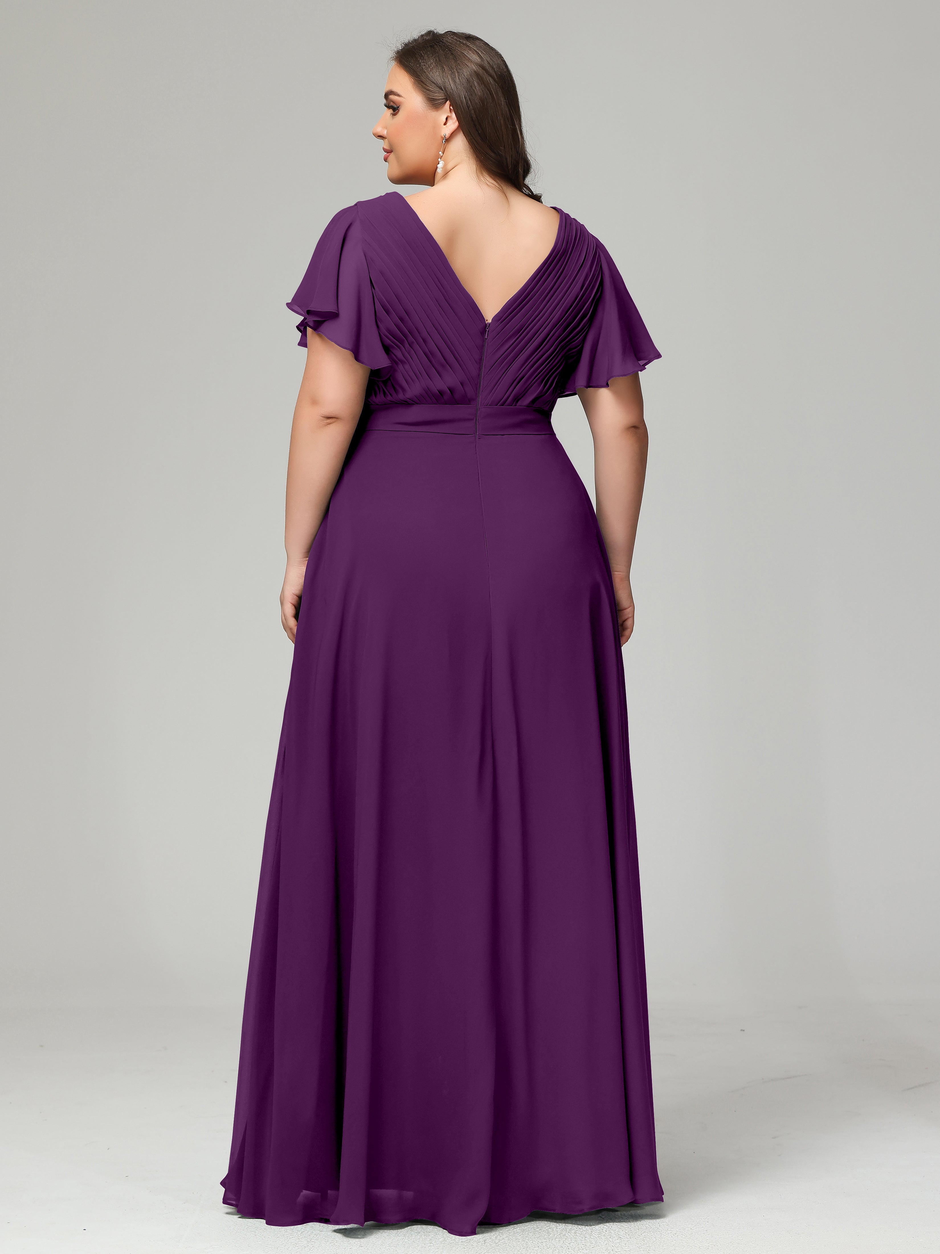 Robes De Demoiselle D'Honneur En Raisin Grande Taille Dos En V Manches Courtes Mousseline