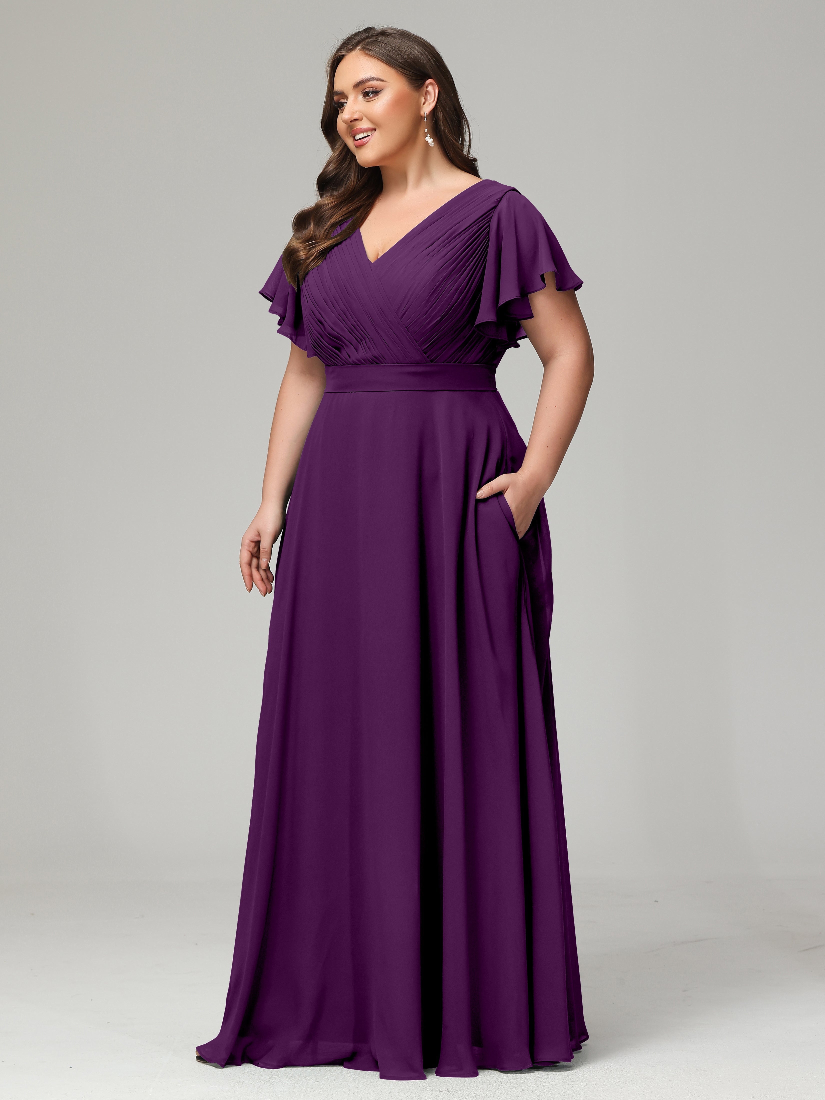 Robes De Demoiselle D'Honneur En Raisin Grande Taille Dos En V Manches Courtes Mousseline