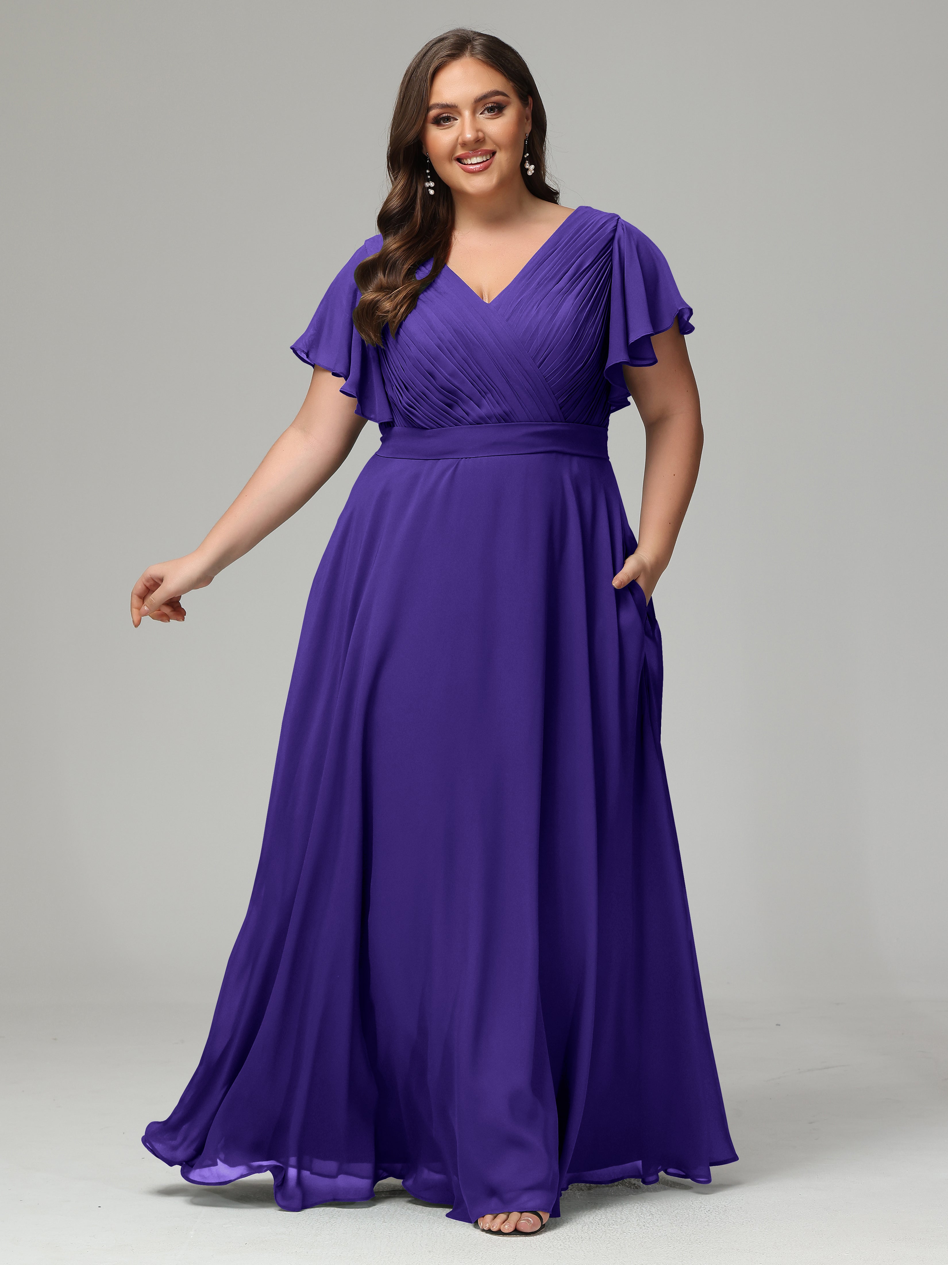 Robes De Demoiselle D'Honneur En Régence Grande Taille Dos En V Manches Courtes Mousseline