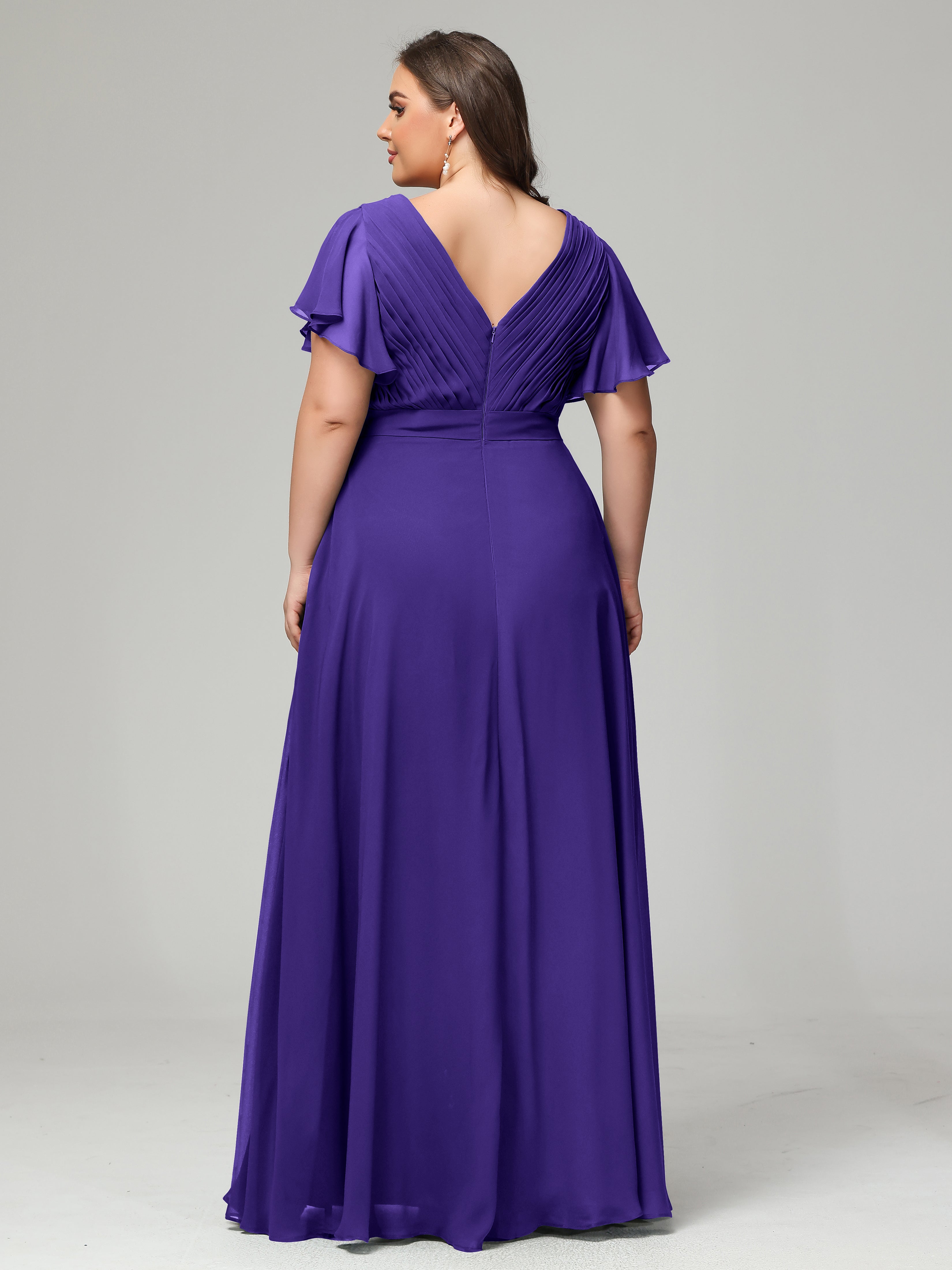 Robes De Demoiselle D'Honneur En Régence Grande Taille Dos En V Manches Courtes Mousseline