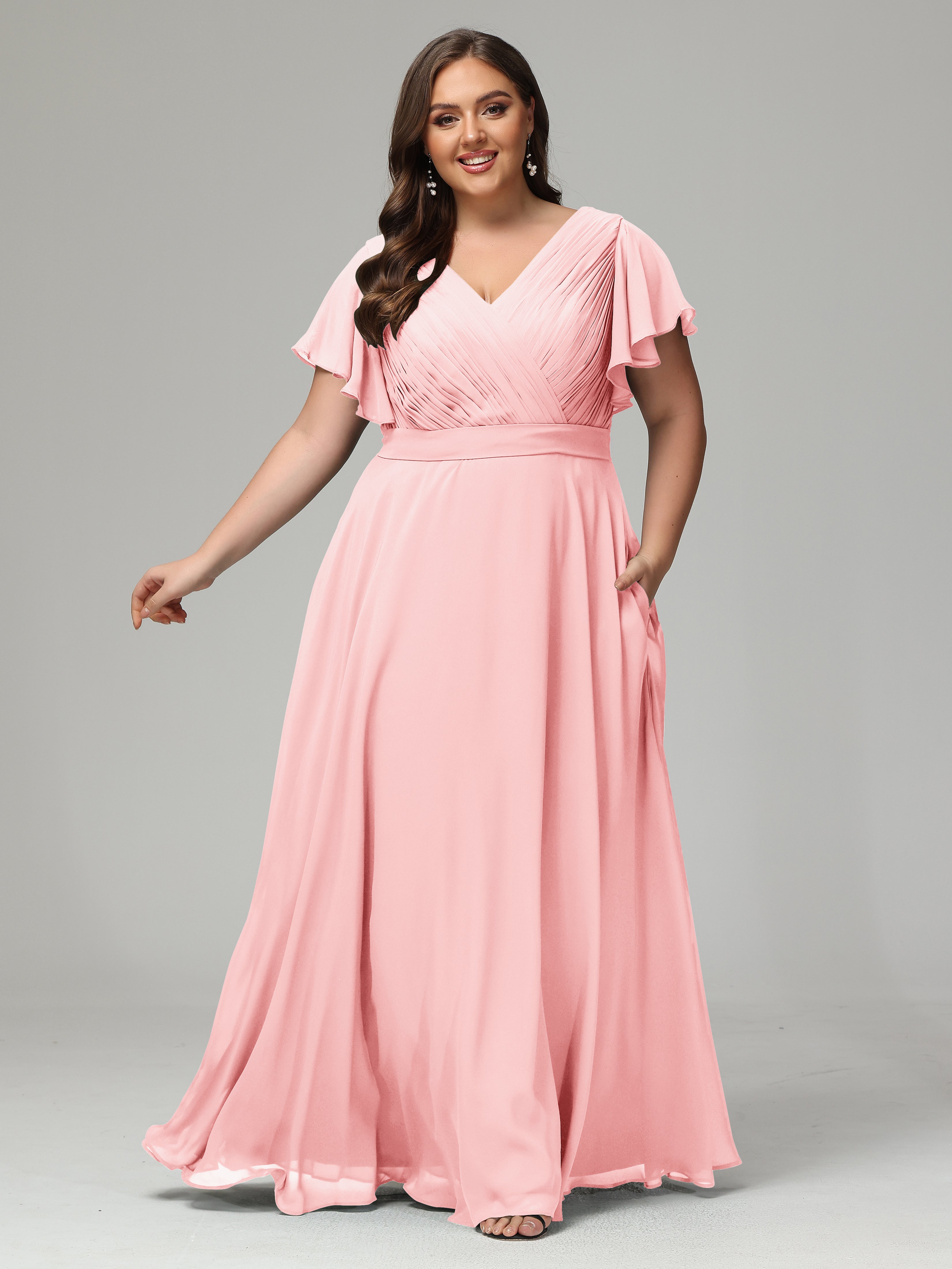 Robe Demoiselle D Honneur Rose Dos En V Manches Courtes Mousseline Robes Demoiselle D'Honneur Grande Taille