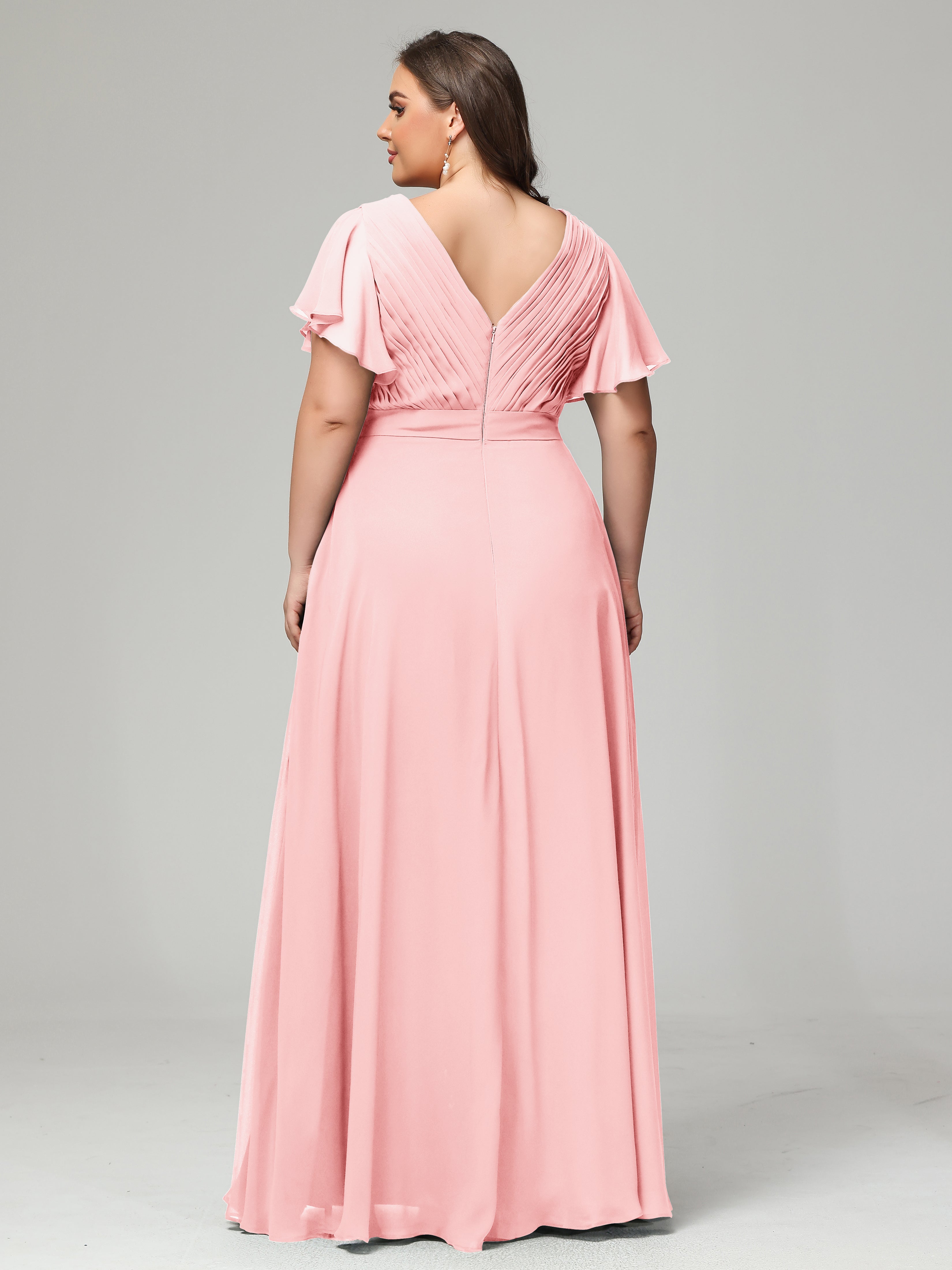Robe Demoiselle D Honneur Rose Dos En V Manches Courtes Mousseline Robes Demoiselle D'Honneur Grande Taille