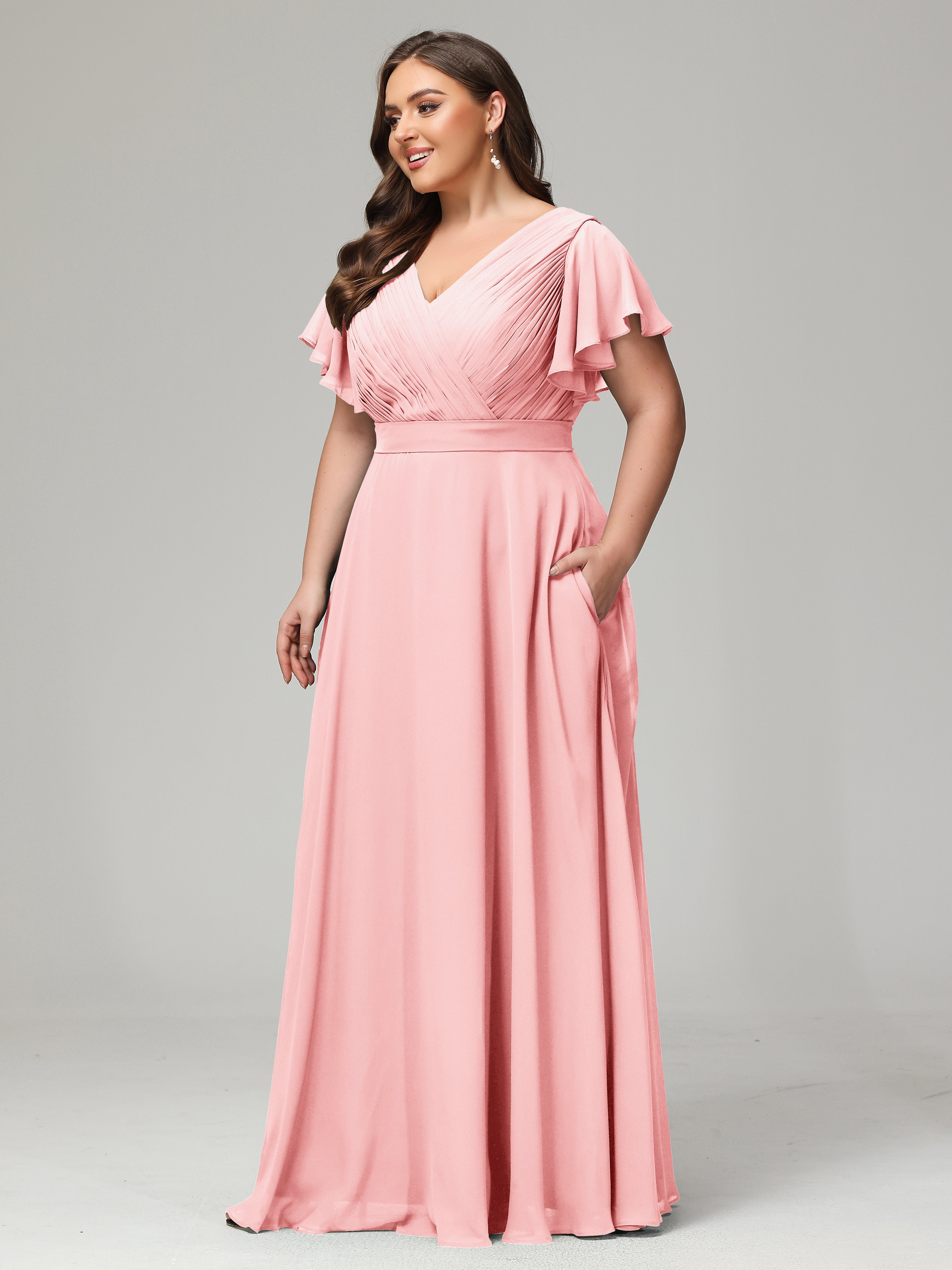 Robe Demoiselle D Honneur Rose Dos En V Manches Courtes Mousseline Robes Demoiselle D'Honneur Grande Taille