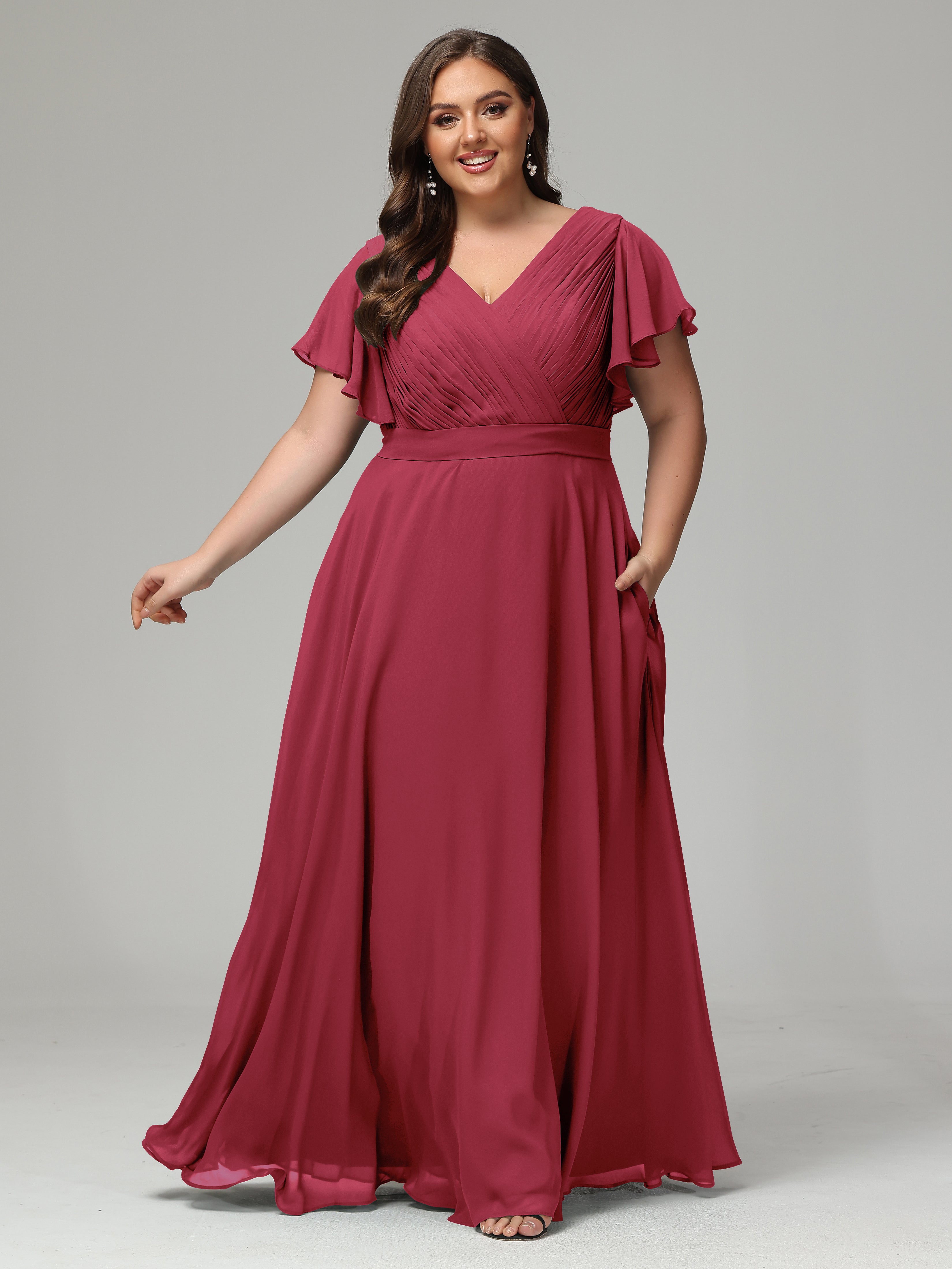 Robes De Demoiselle D'Honneur Rose Cannelle Dos En V Manches Courtes Mousseline Robes Demoiselle D'Honneur Grande Taille