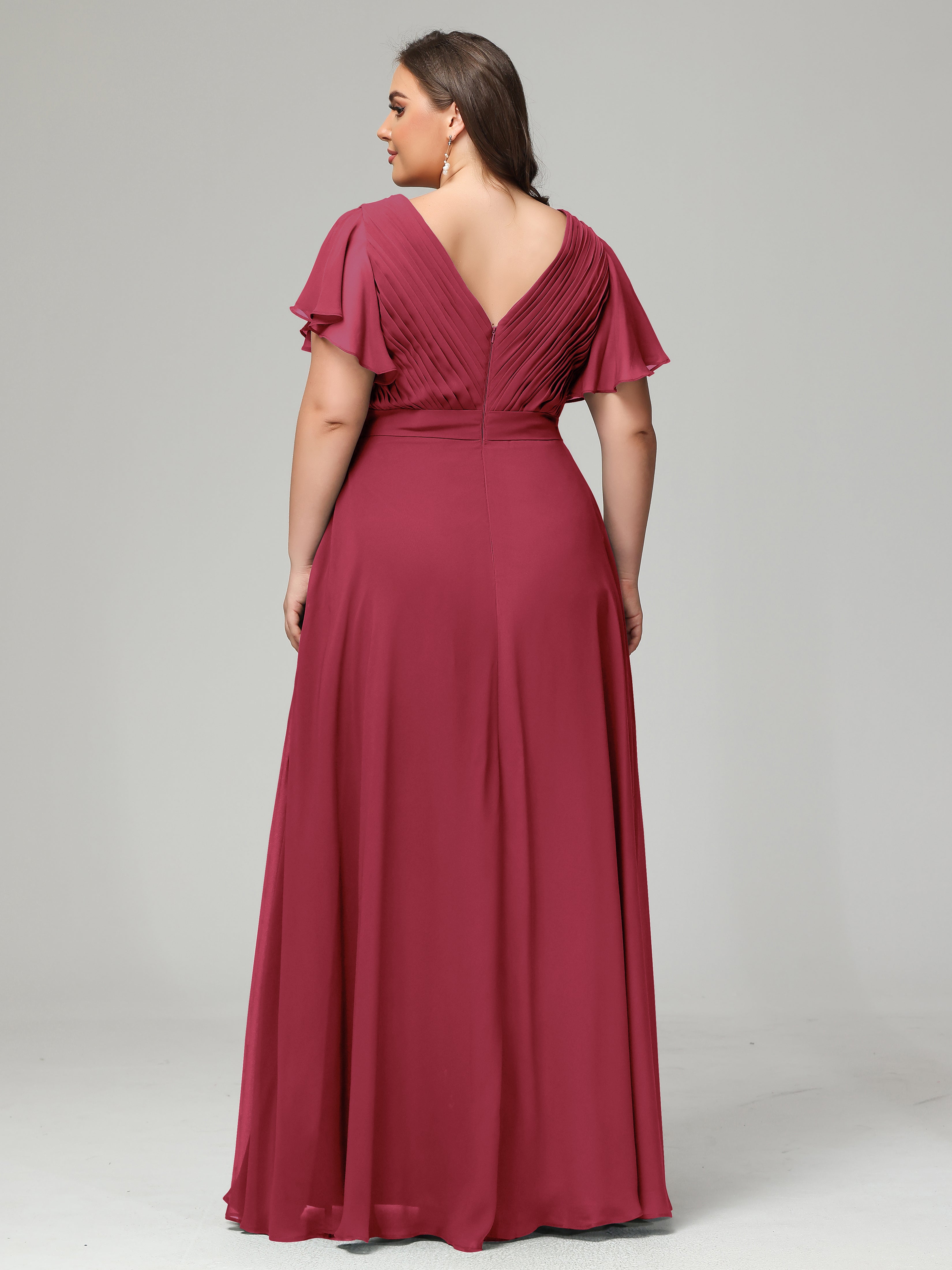 Robes De Demoiselle D'Honneur Rose Cannelle Dos En V Manches Courtes Mousseline Robes Demoiselle D'Honneur Grande Taille