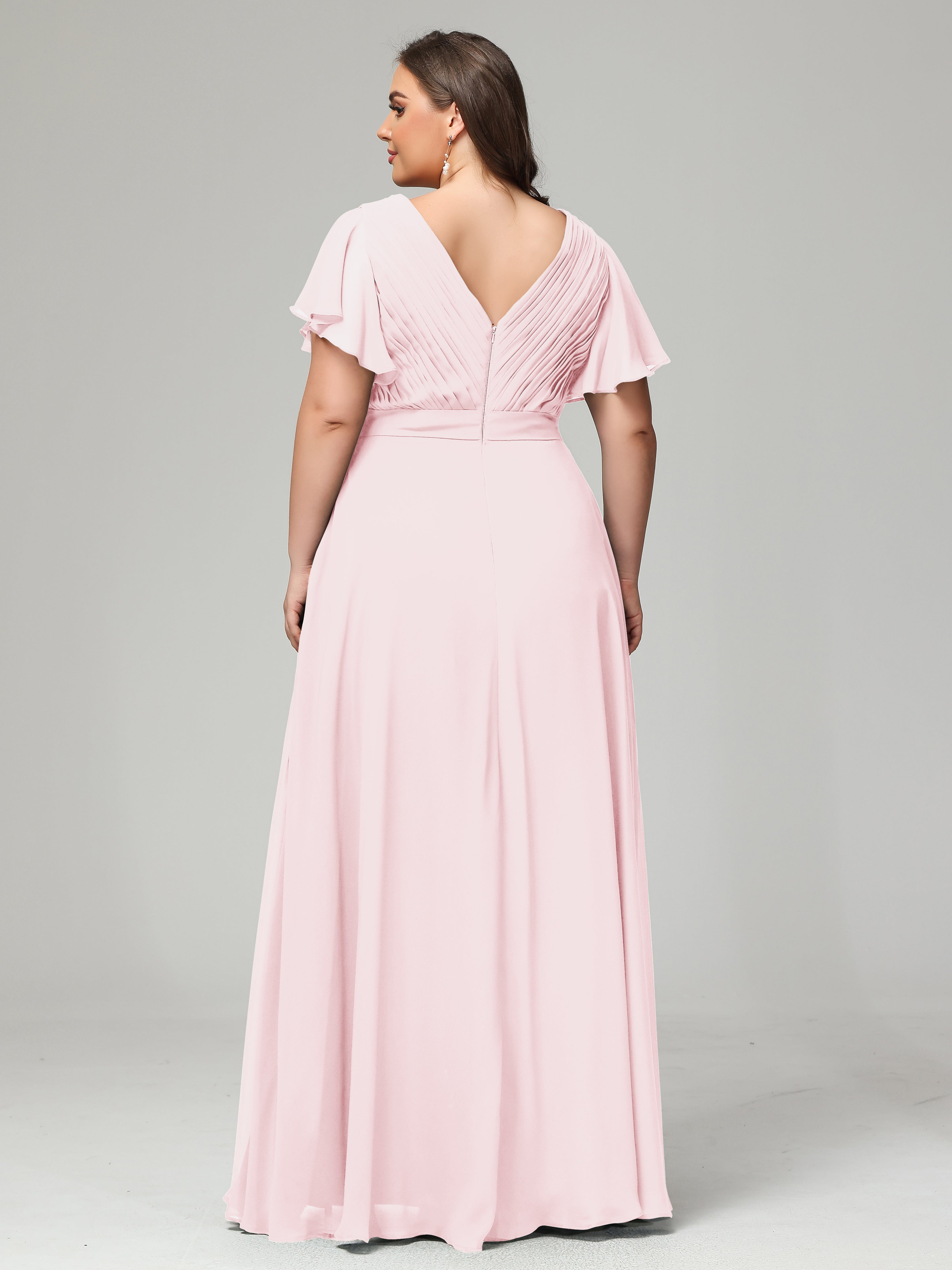 Robe Demoiselle Dhonneur Rose Pale Grande Taille Dos En V Manches Courtes Mousseline