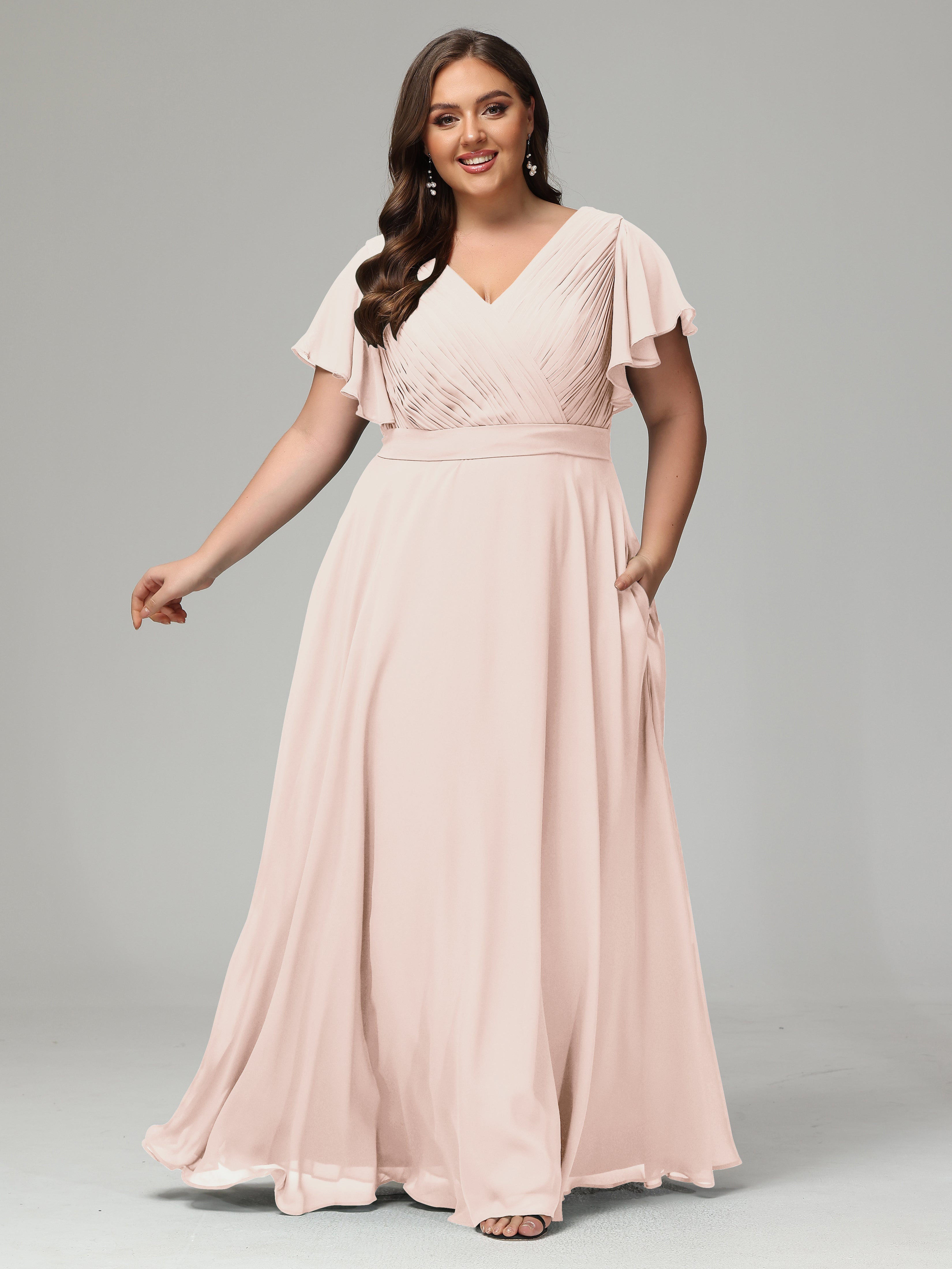 Robe De Demoiselle D'Honneur En Perles Grande Taille Dos En V Manches Courtes Mousseline