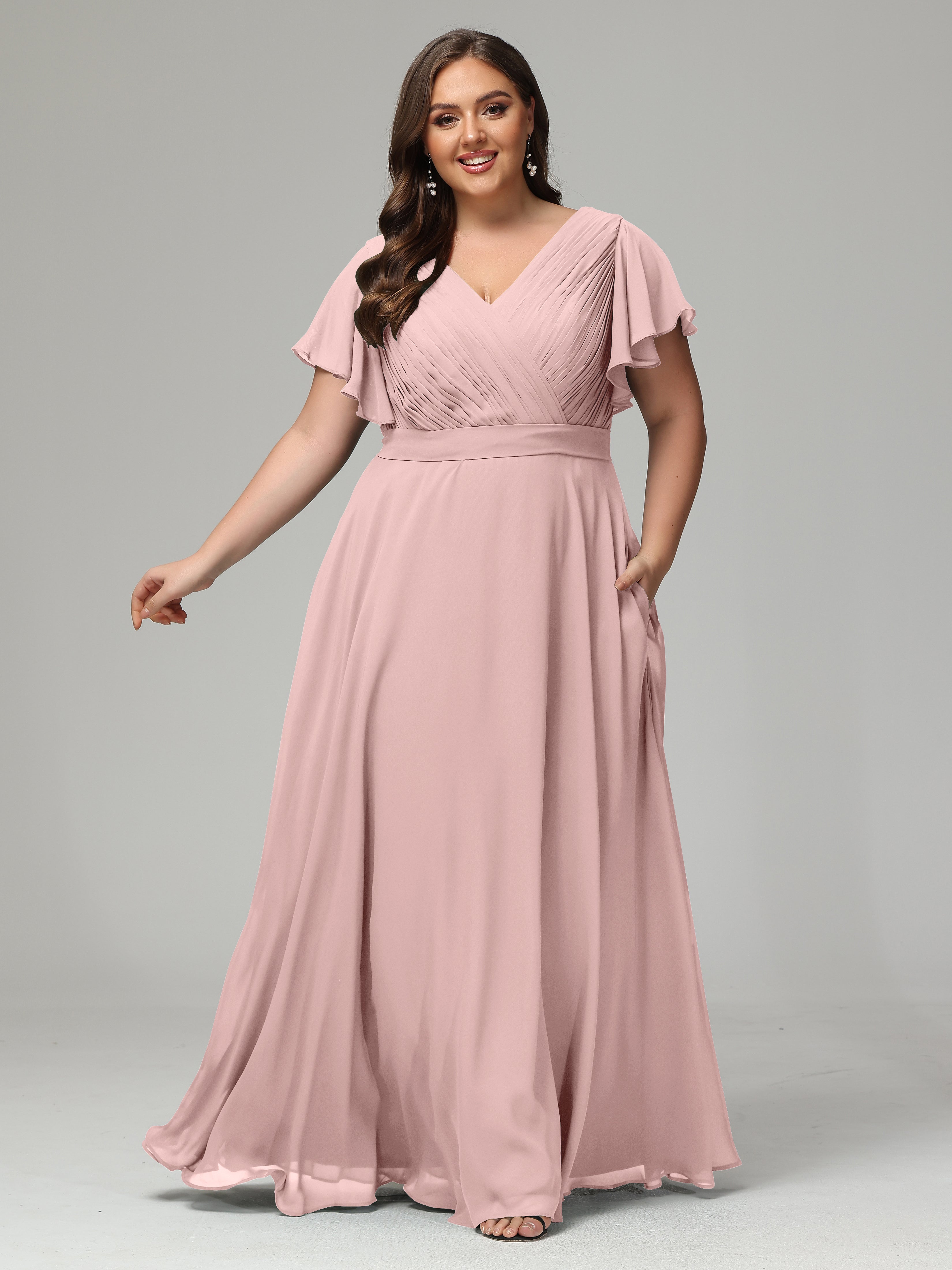 Robes De Demoiselle D'Honneur Rose Poudrée Grande Taille Dos En V Manches Courtes Mousseline