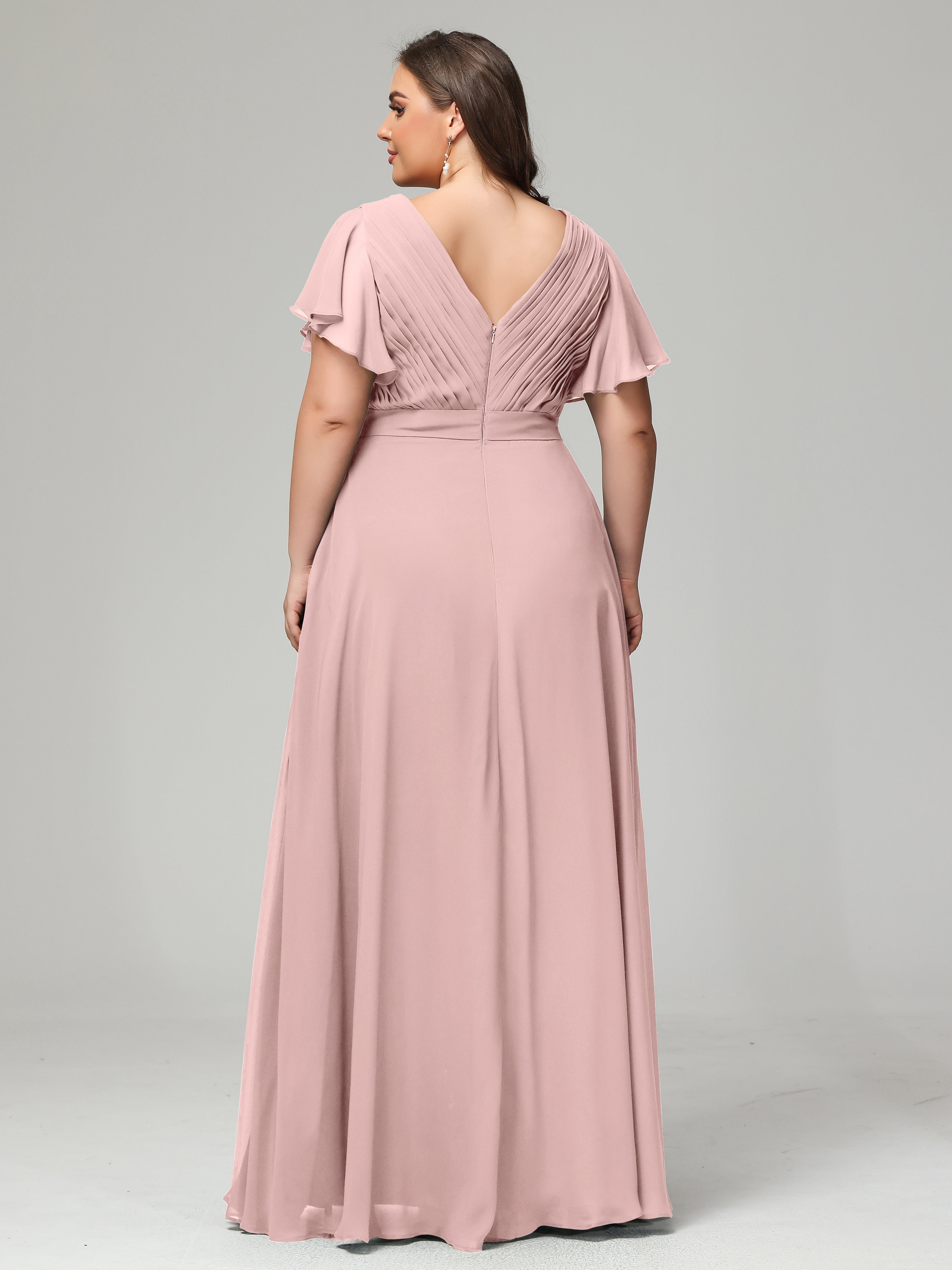 Robes De Demoiselle D'Honneur Rose Poudrée Grande Taille Dos En V Manches Courtes Mousseline