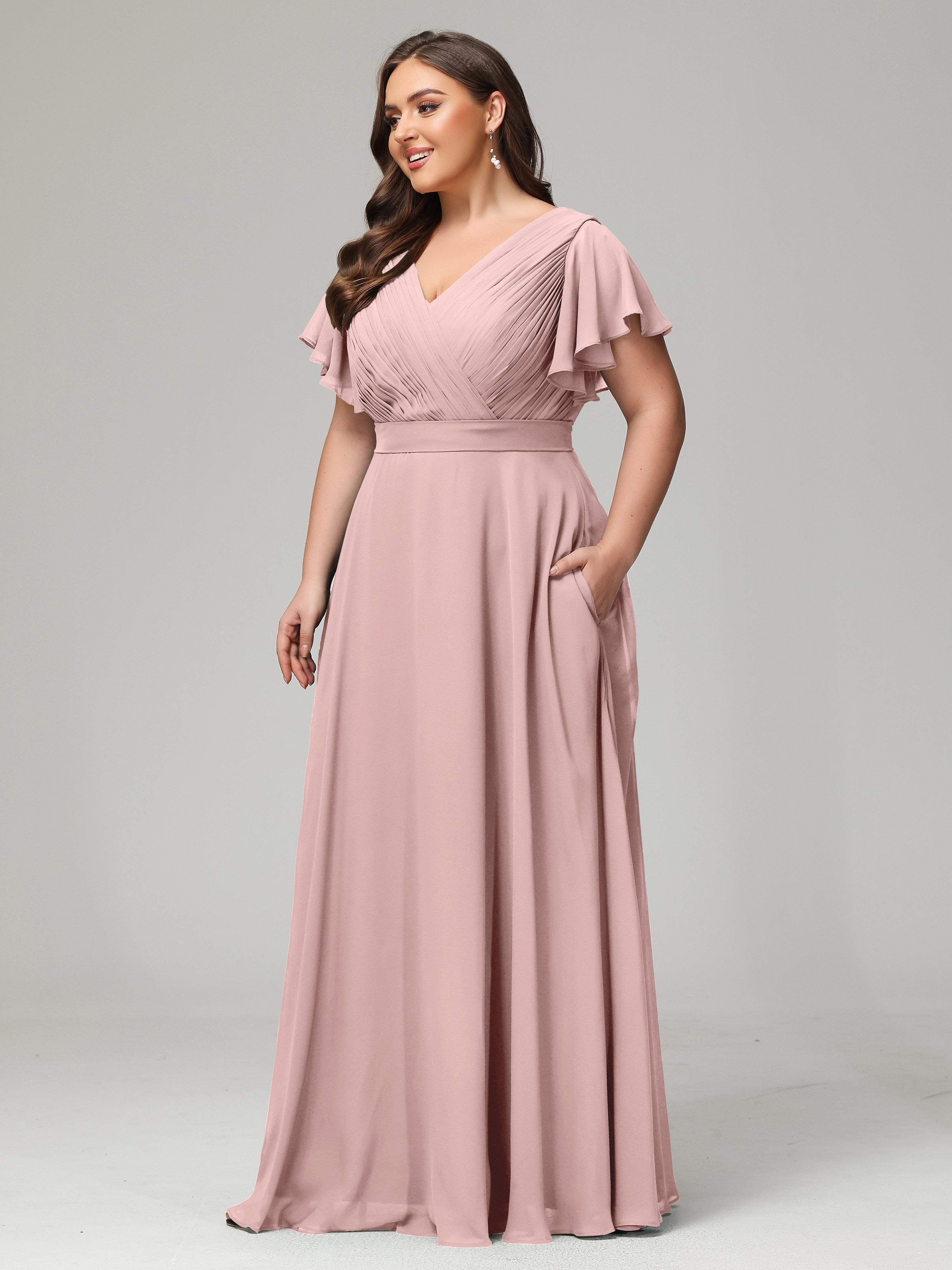 Robes De Demoiselle D'Honneur Rose Poudrée Grande Taille Dos En V Manches Courtes Mousseline