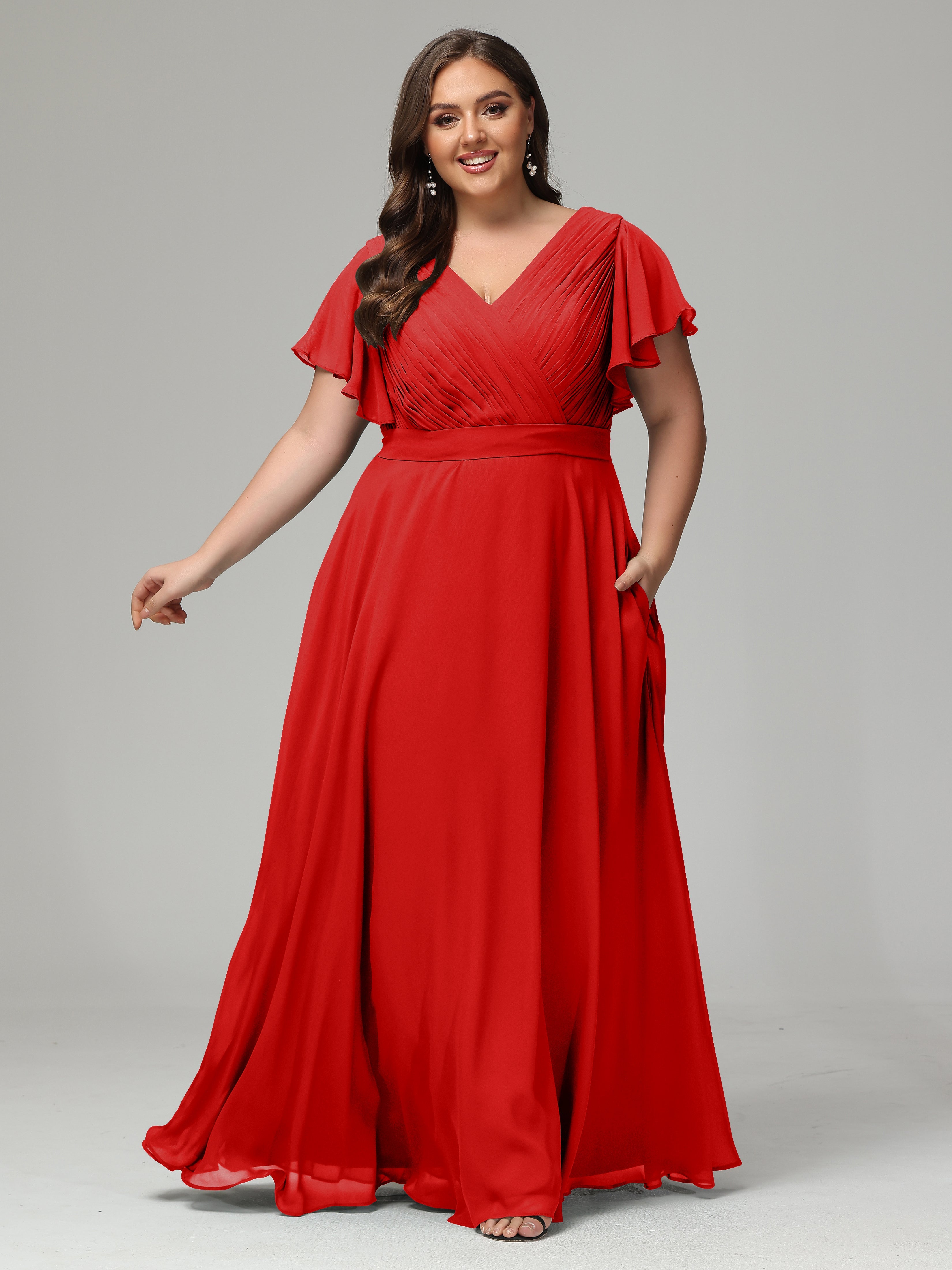 Robe Demoiselle D Honneur Rouge Grande Taille Dos En V Manches Courtes Mousseline