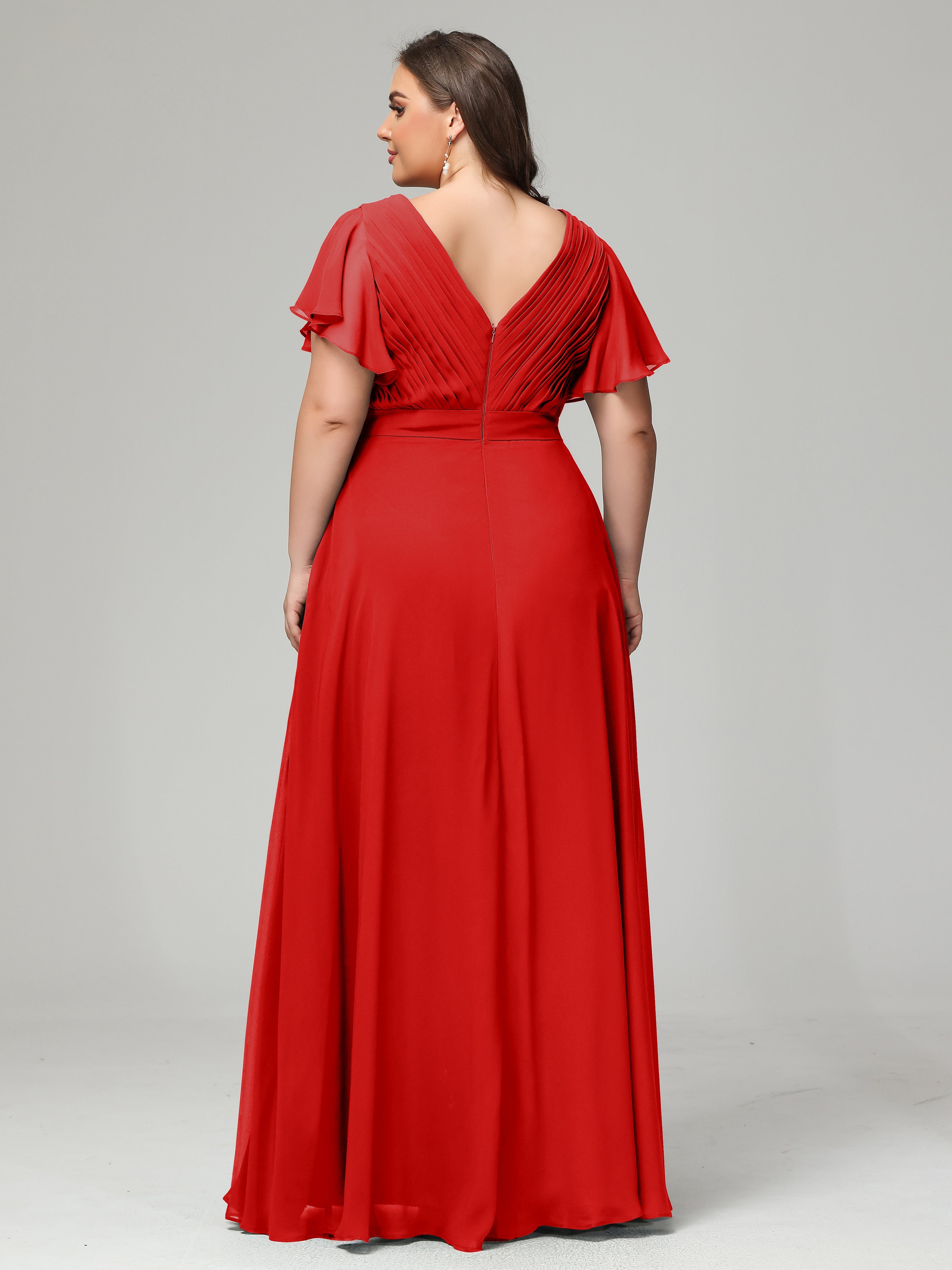 Robe Demoiselle D Honneur Rouge Grande Taille Dos En V Manches Courtes Mousseline