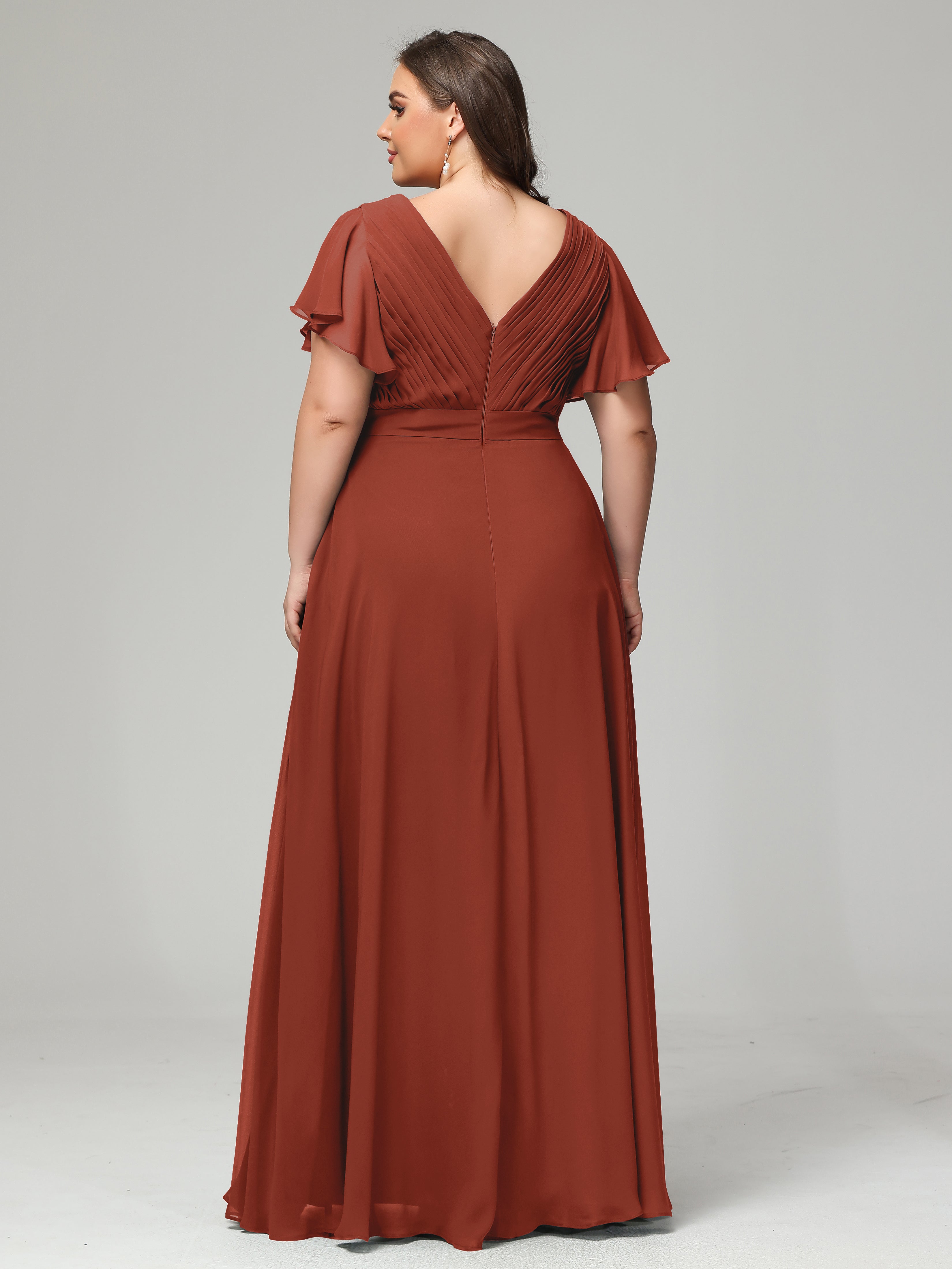 Robes De Demoiselle D'Honneur Rouille Grande Taille Dos En V Manches Courtes Mousseline