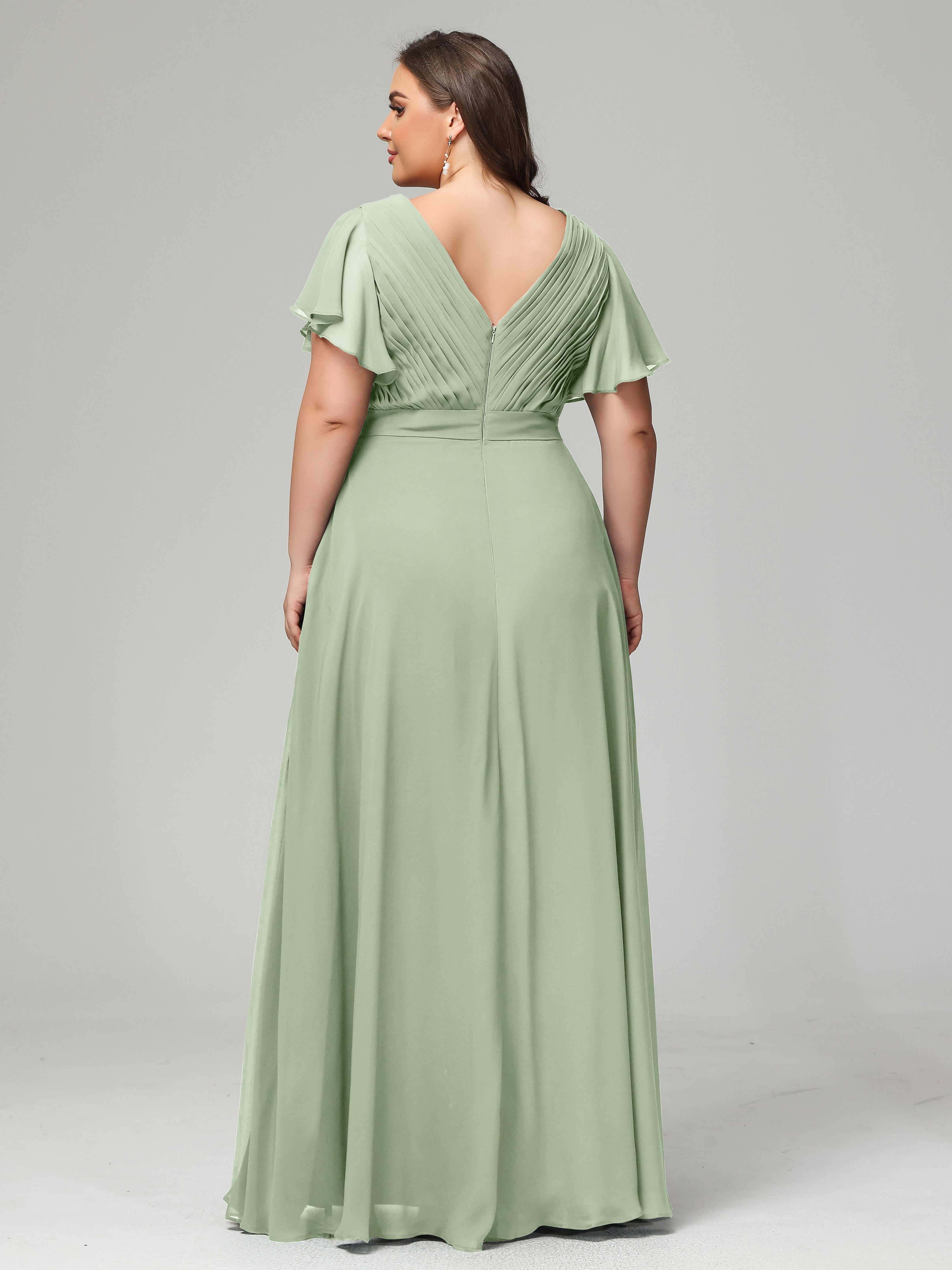 Robe De Demoiselle D'Honneur Grande Taille Sauge Poussiéreuse Dos En V Manches Courtes Mousseline