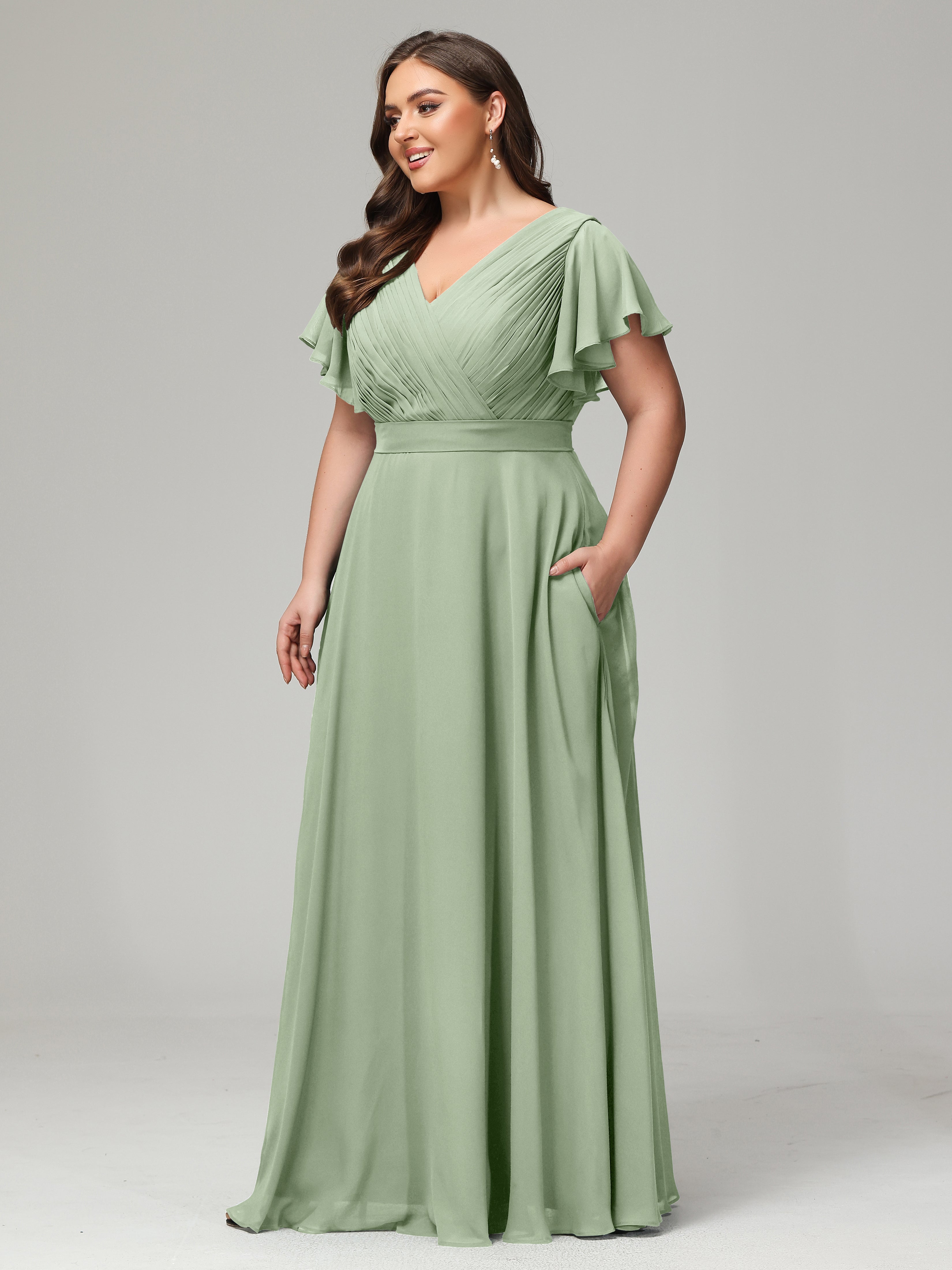 Robe De Demoiselle D'Honneur Grande Taille Sauge Poussiéreuse Dos En V Manches Courtes Mousseline