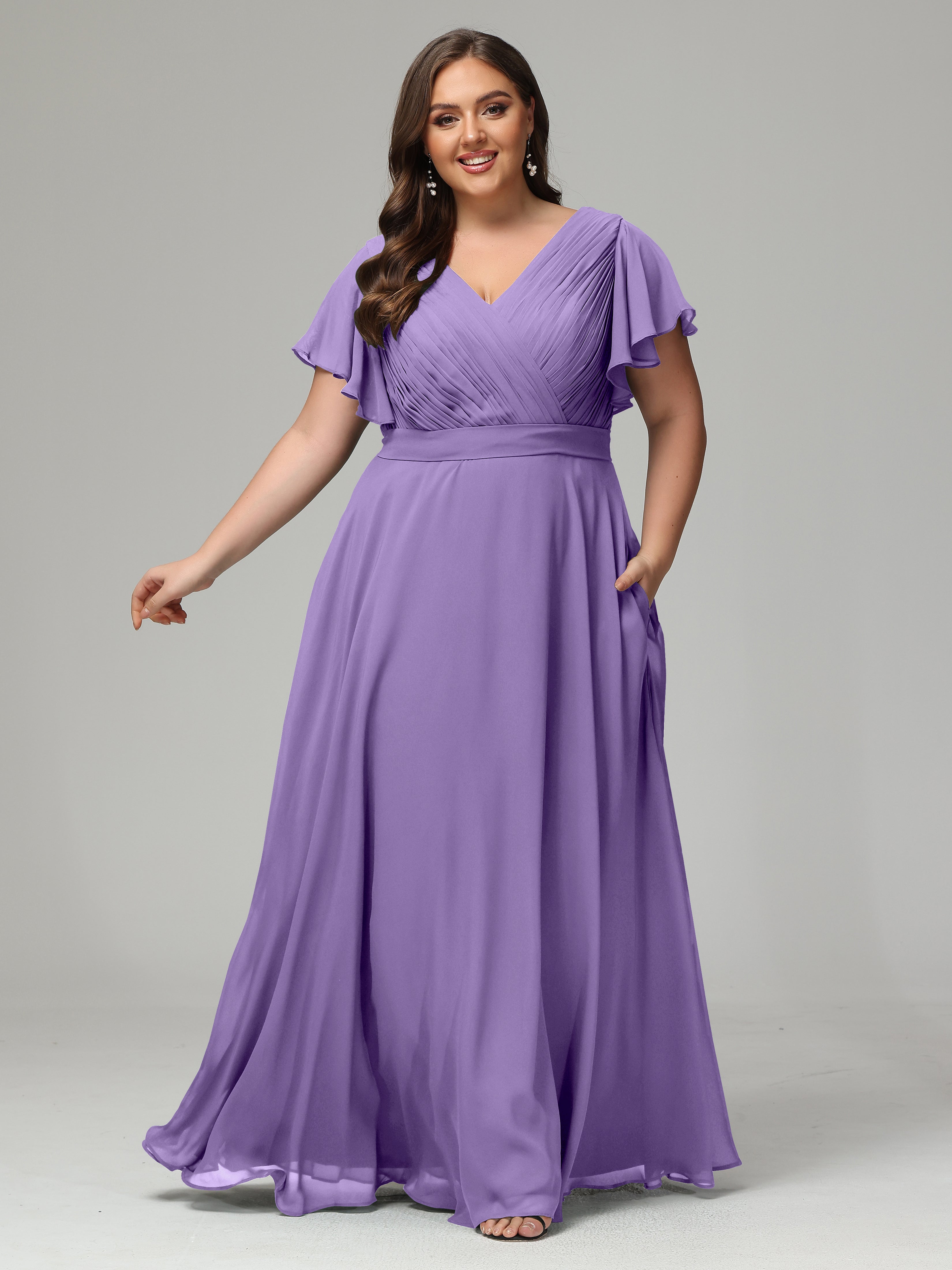 Robes De Demoiselle D'Honneur Tahiti Grande Taille Dos En V Manches Courtes Mousseline