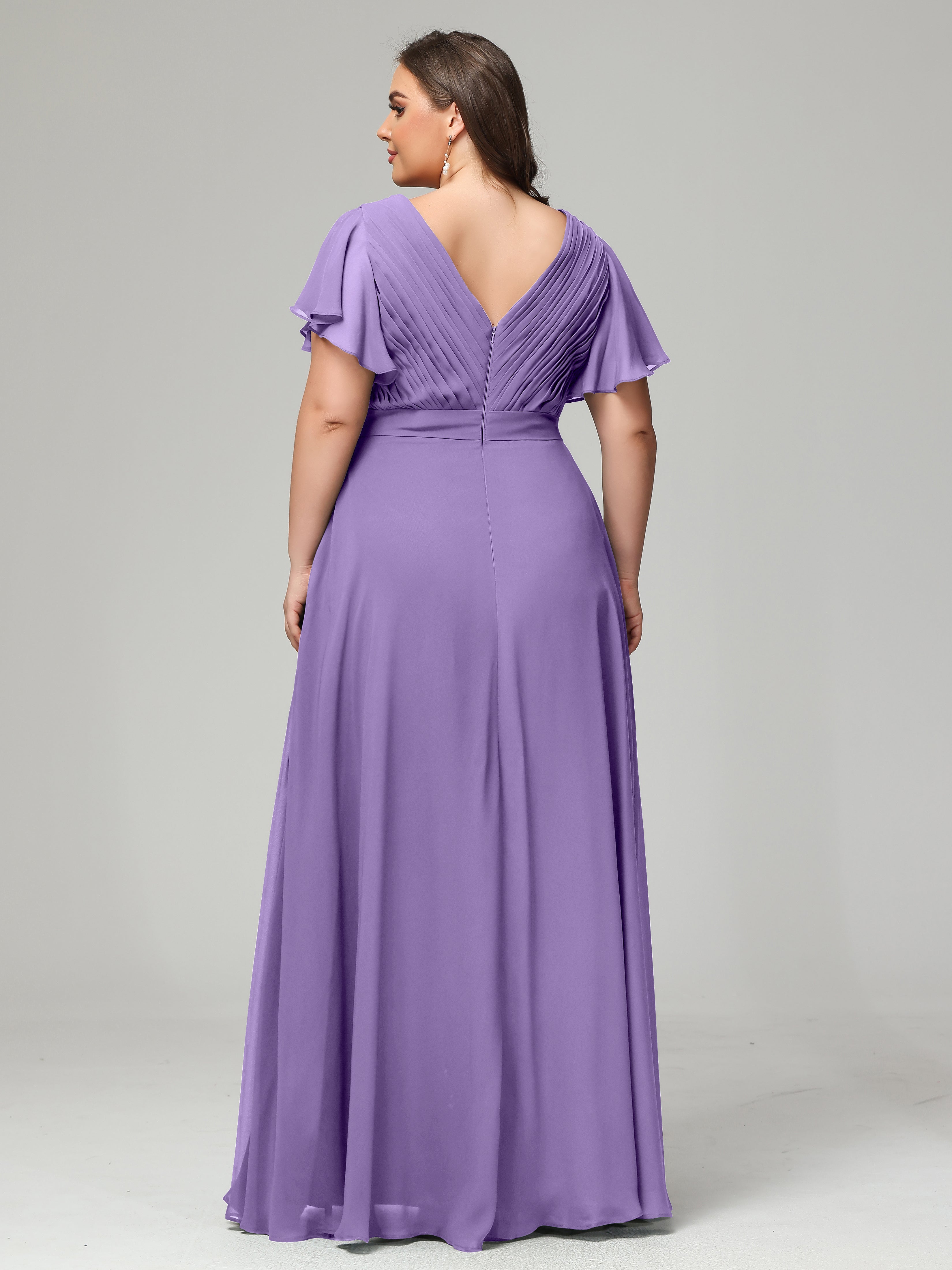 Robes De Demoiselle D'Honneur Tahiti Grande Taille Dos En V Manches Courtes Mousseline