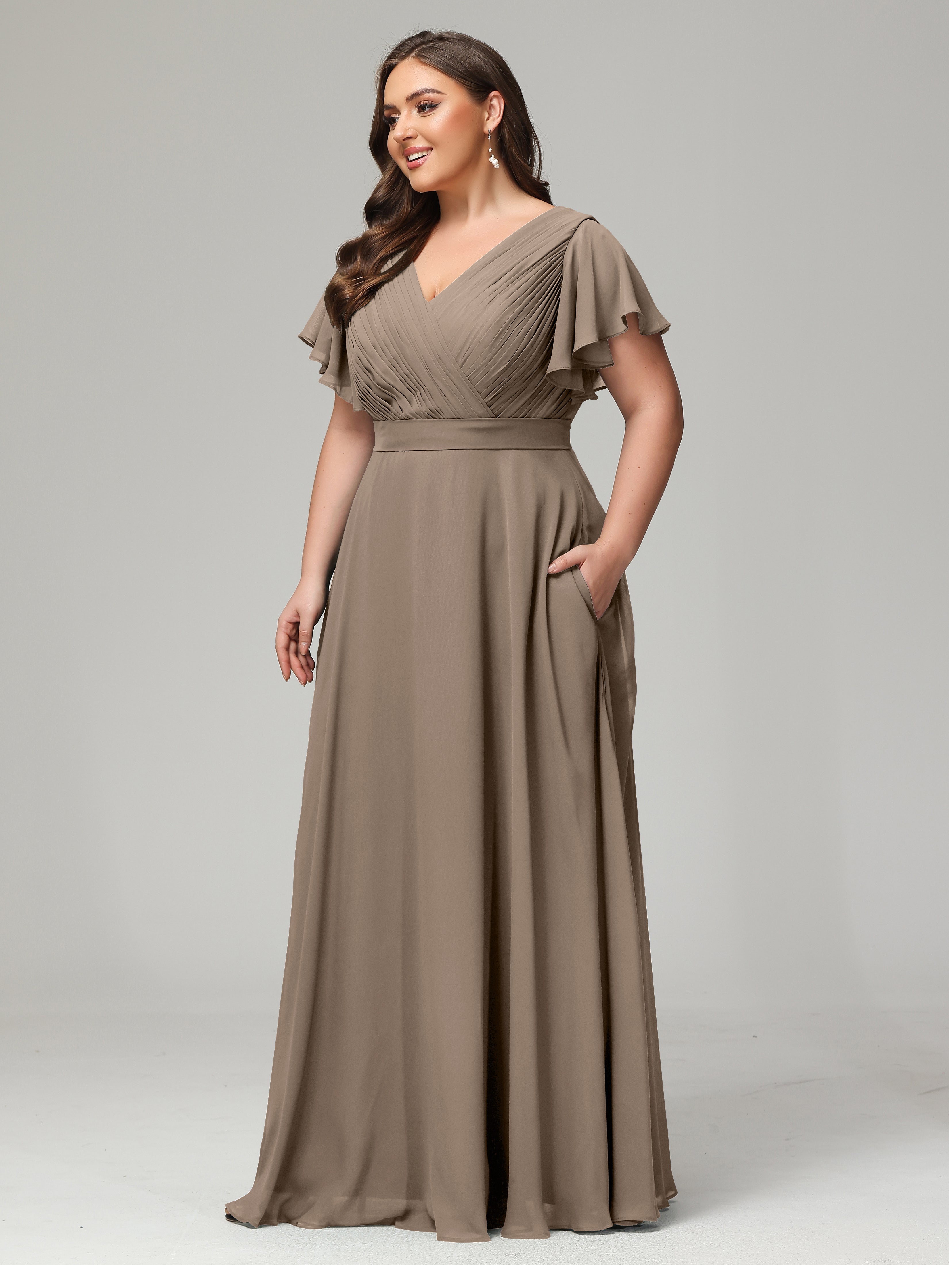 Robe Demoiselle D Honneur Taupe Grande Taille Dos En V Manches Courtes Mousseline