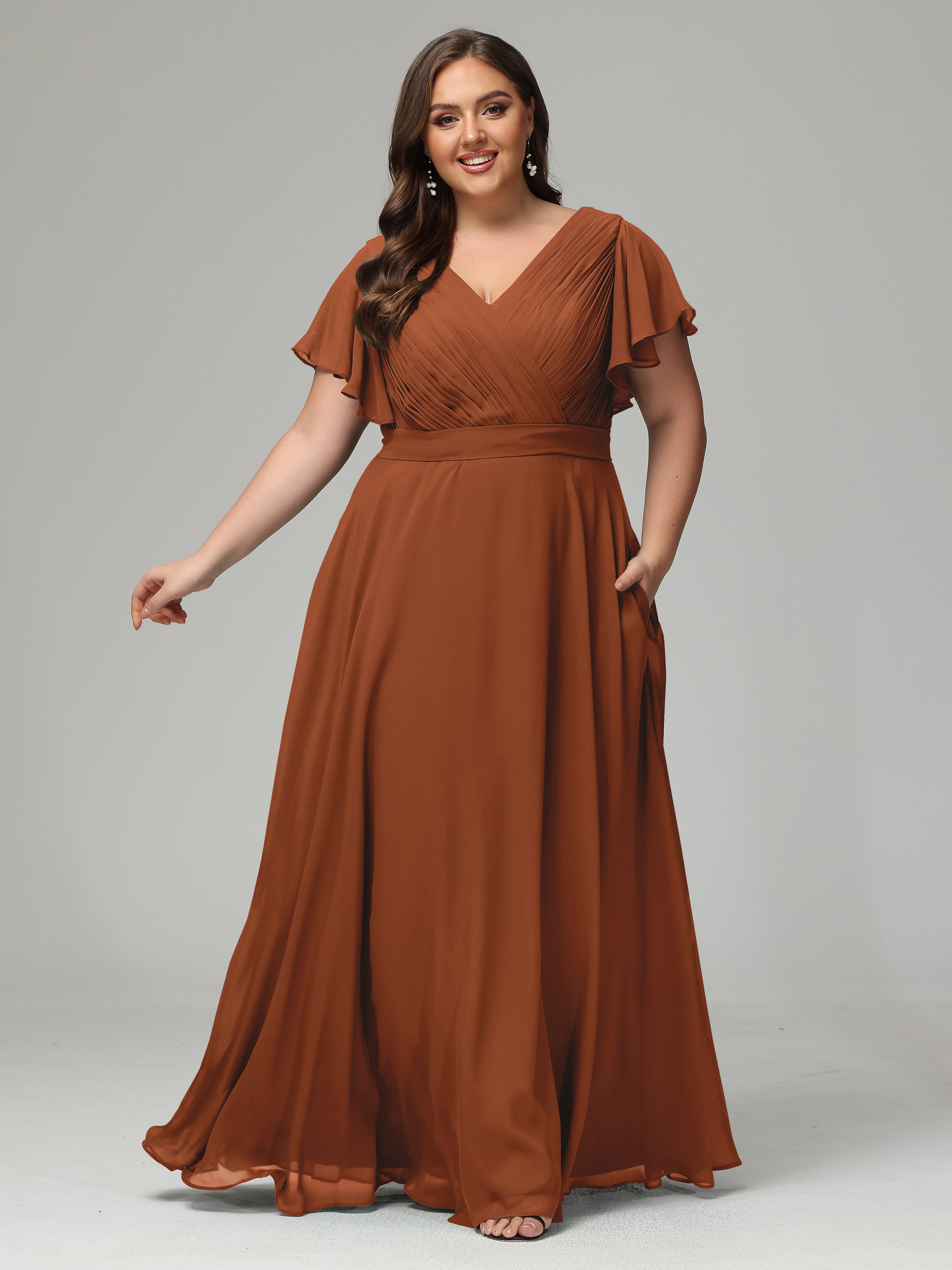 Demoiselle Robe Terracotta Mariage Dos En V Manches Courtes Mousseline Robes Demoiselle D'Honneur Grande Taille