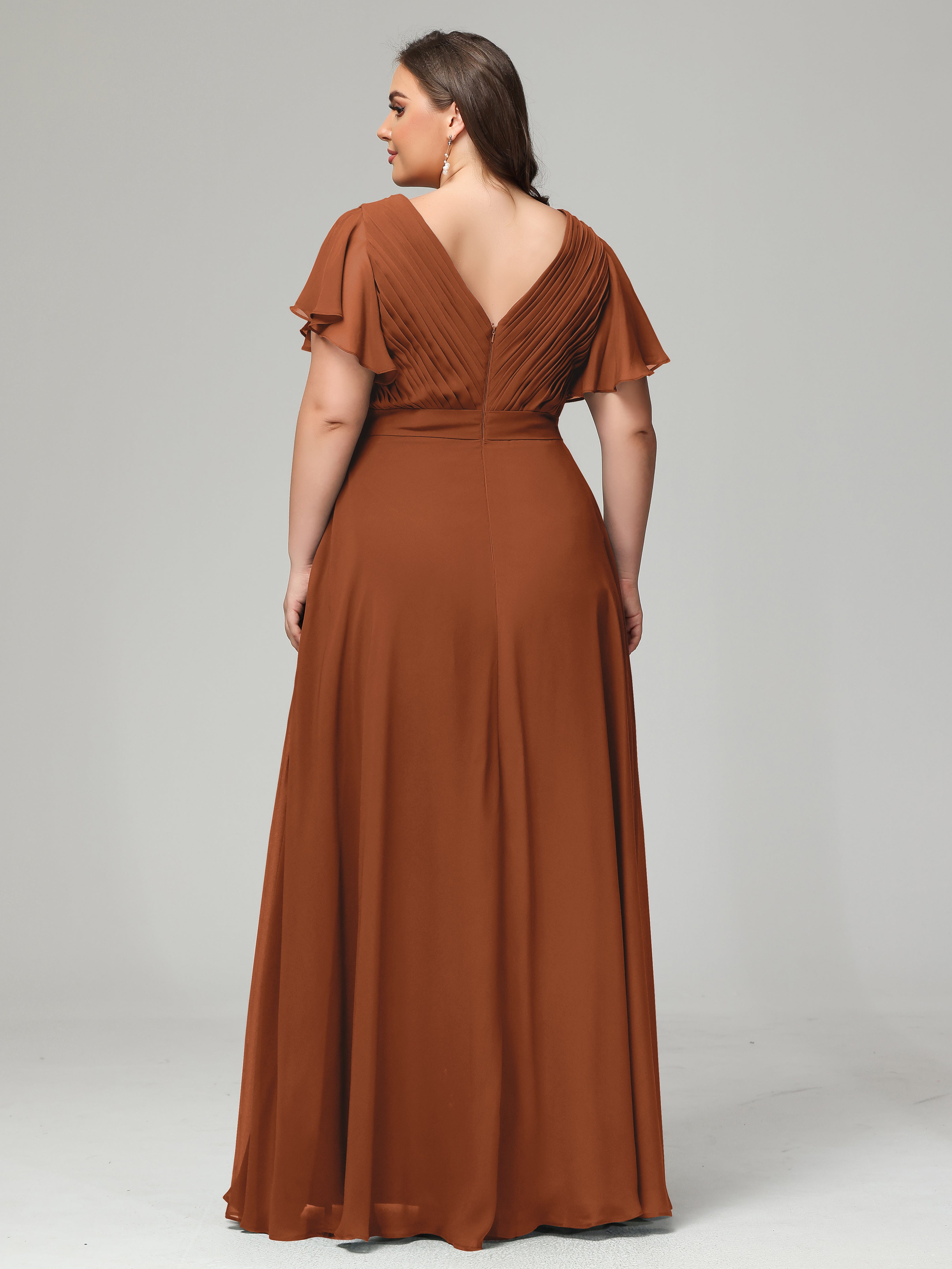 Demoiselle Robe Terracotta Mariage Dos En V Manches Courtes Mousseline Robes Demoiselle D'Honneur Grande Taille