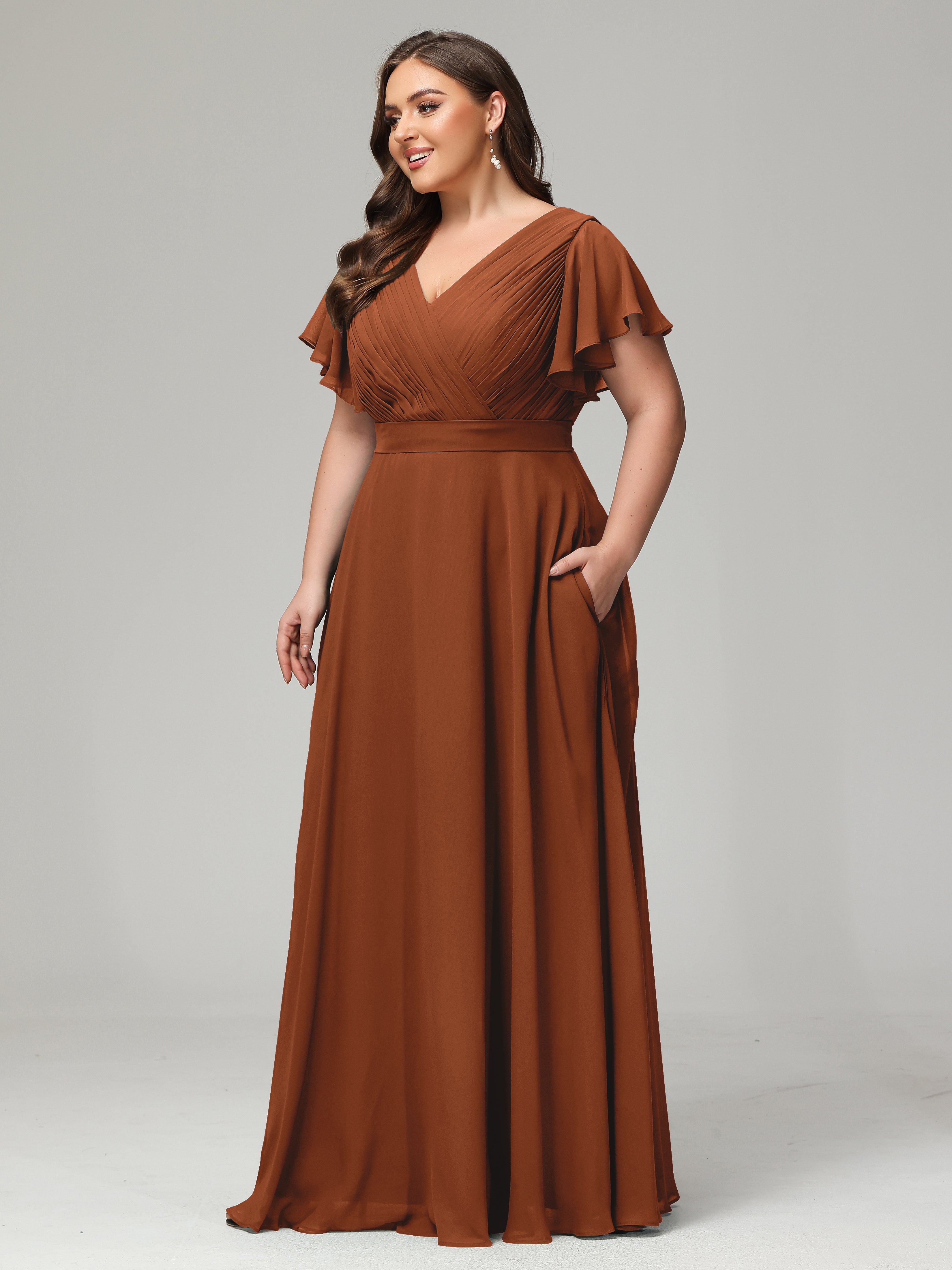 Demoiselle Robe Terracotta Mariage Dos En V Manches Courtes Mousseline Robes Demoiselle D'Honneur Grande Taille