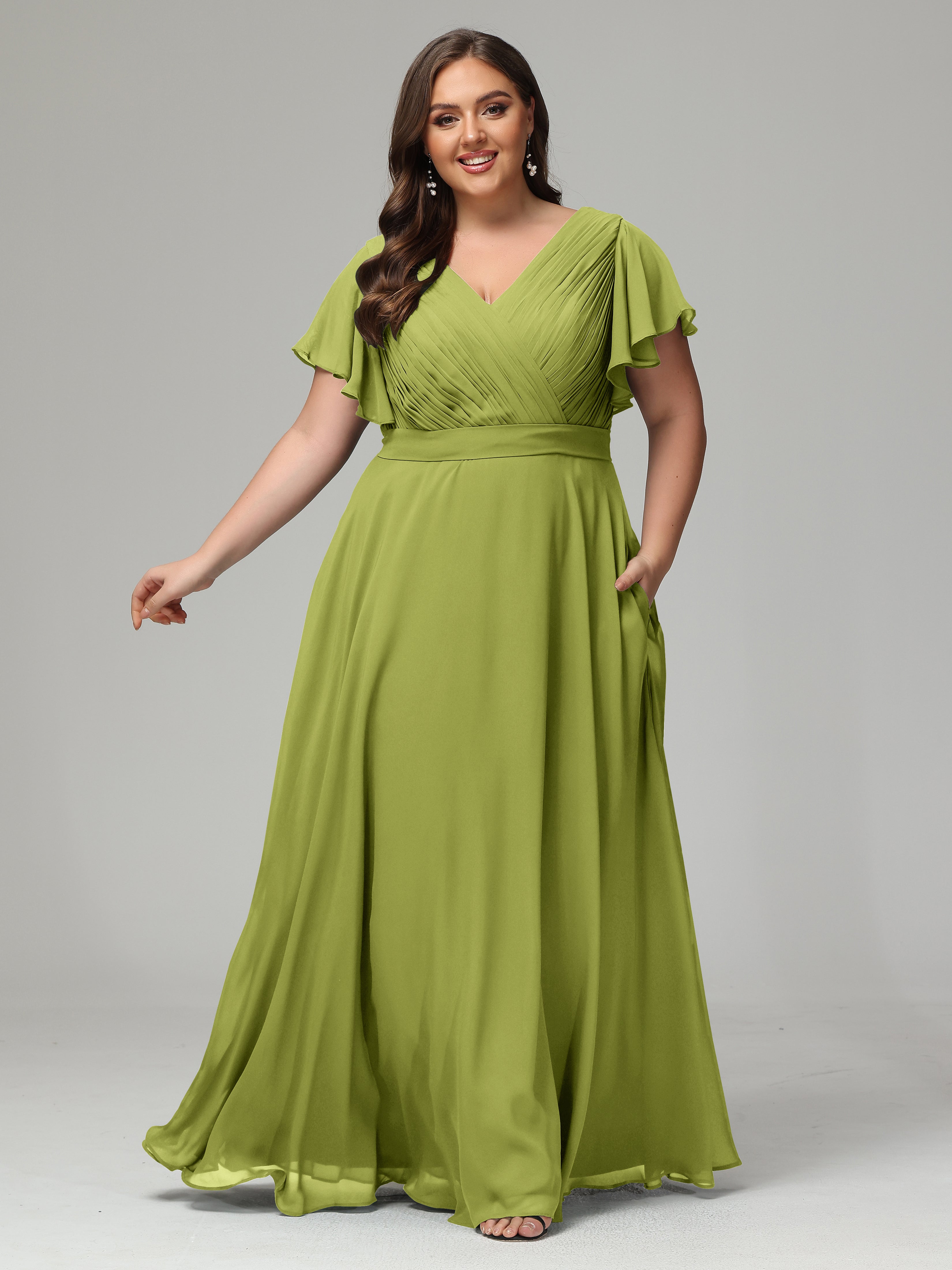 Robes De Demoiselle D'Honneur Trèfle Grande Taille Dos En V Manches Courtes Mousseline