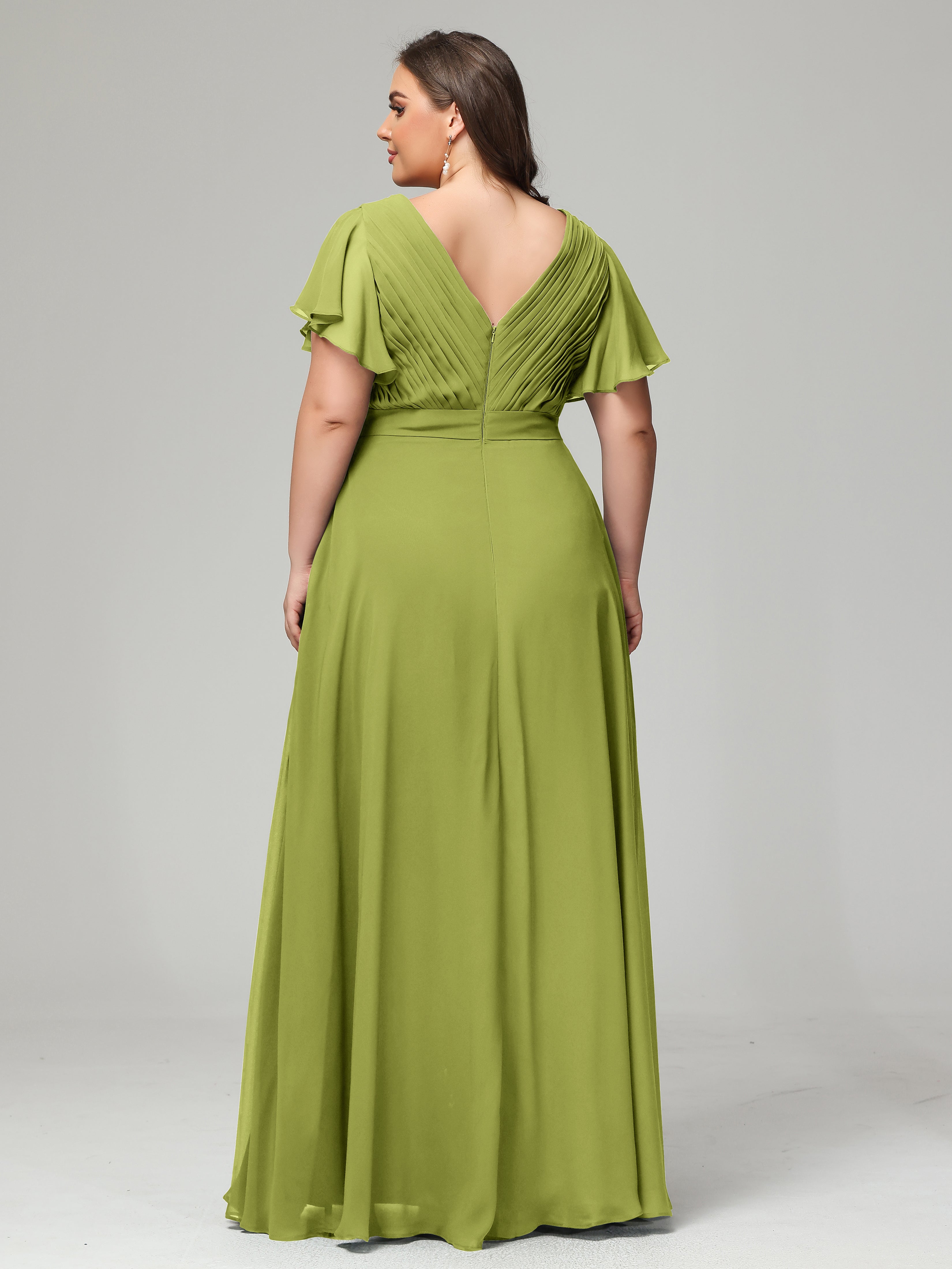 Robes De Demoiselle D'Honneur Trèfle Grande Taille Dos En V Manches Courtes Mousseline
