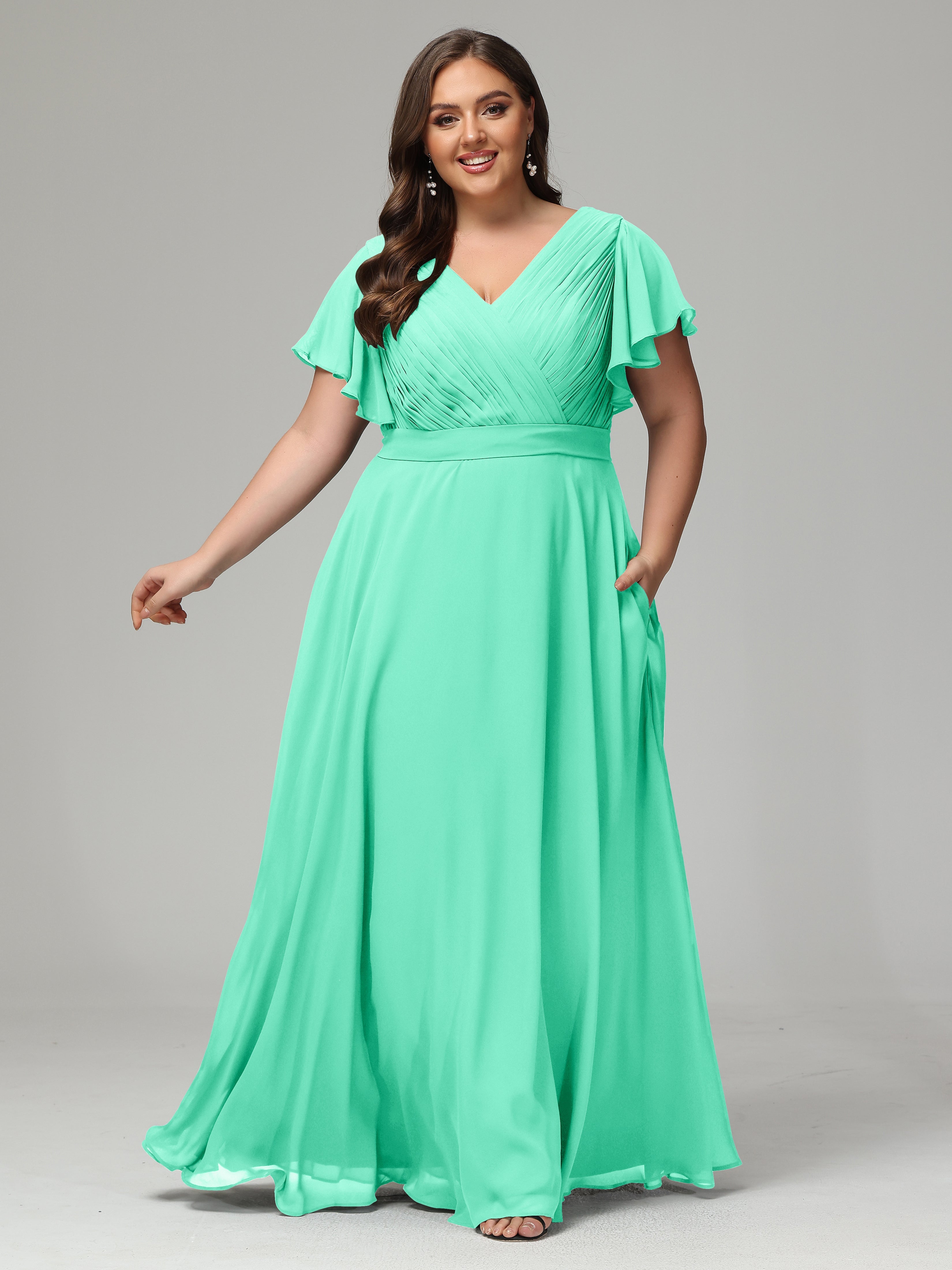 Robe De Demoiselle D Honneur Turquoise Grande Taille Dos En V Manches Courtes Mousseline