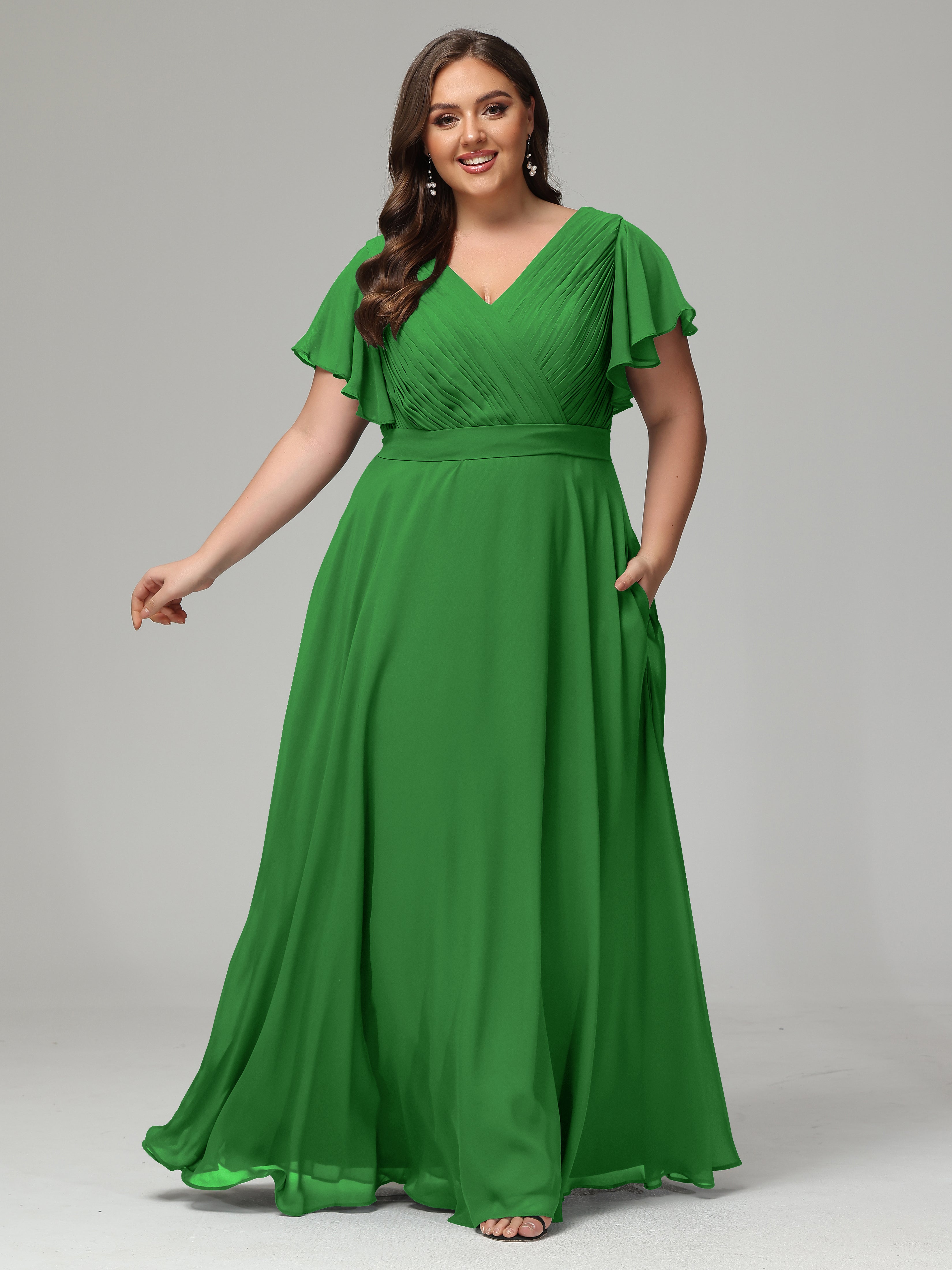 Robes De Demoiselle D'Honneur Vert Pin Grande Taille Dos En V Manches Courtes Mousseline