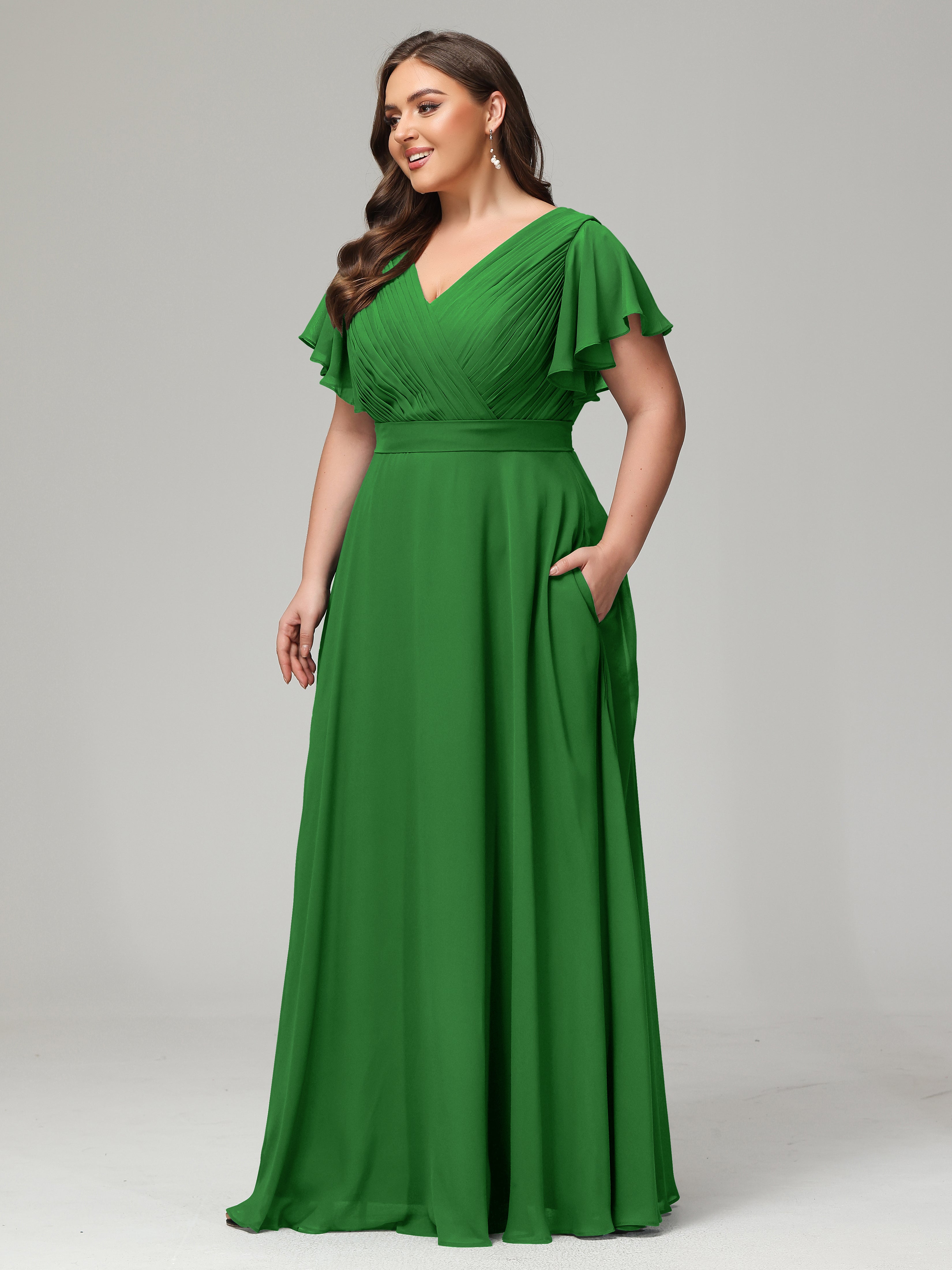 Robes De Demoiselle D'Honneur Vert Pin Grande Taille Dos En V Manches Courtes Mousseline