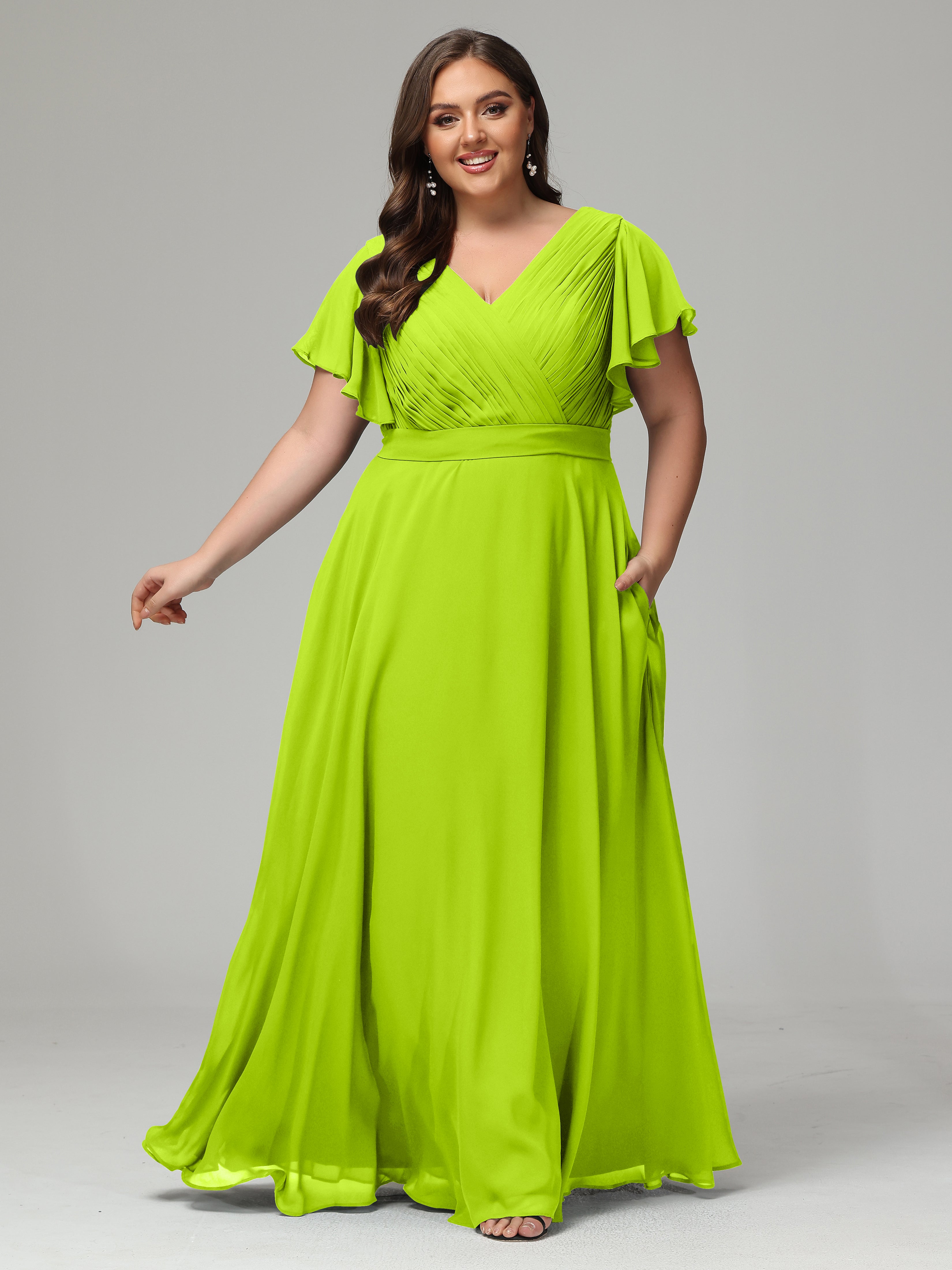 Robes De Demoiselle D'Honneur Vert Citron Grande Taille Dos En V Manches Courtes Mousseline