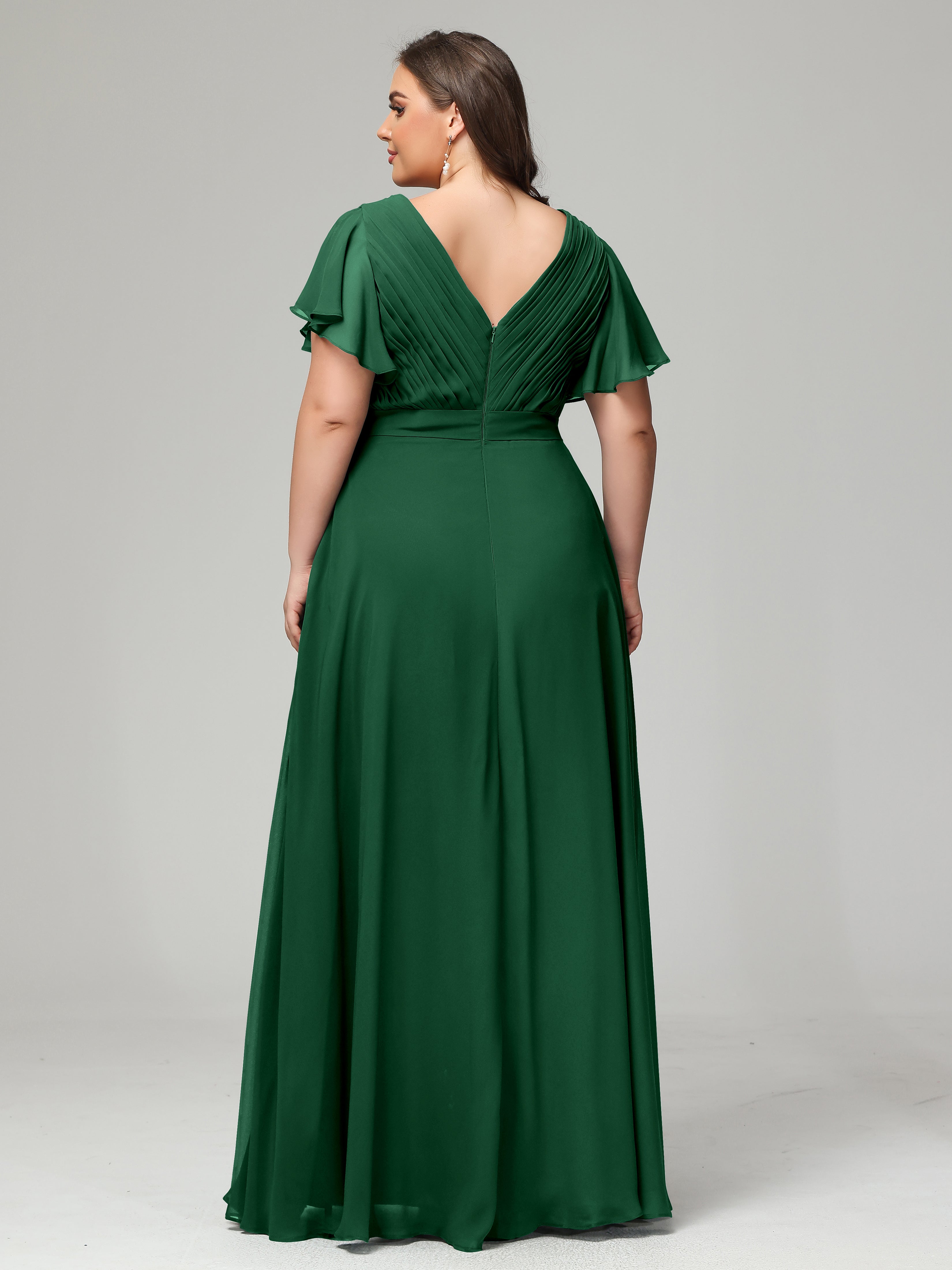 Demoiselle D'Honneur Vert Foncé Grande Taille Dos En V Manches Courtes Mousseline