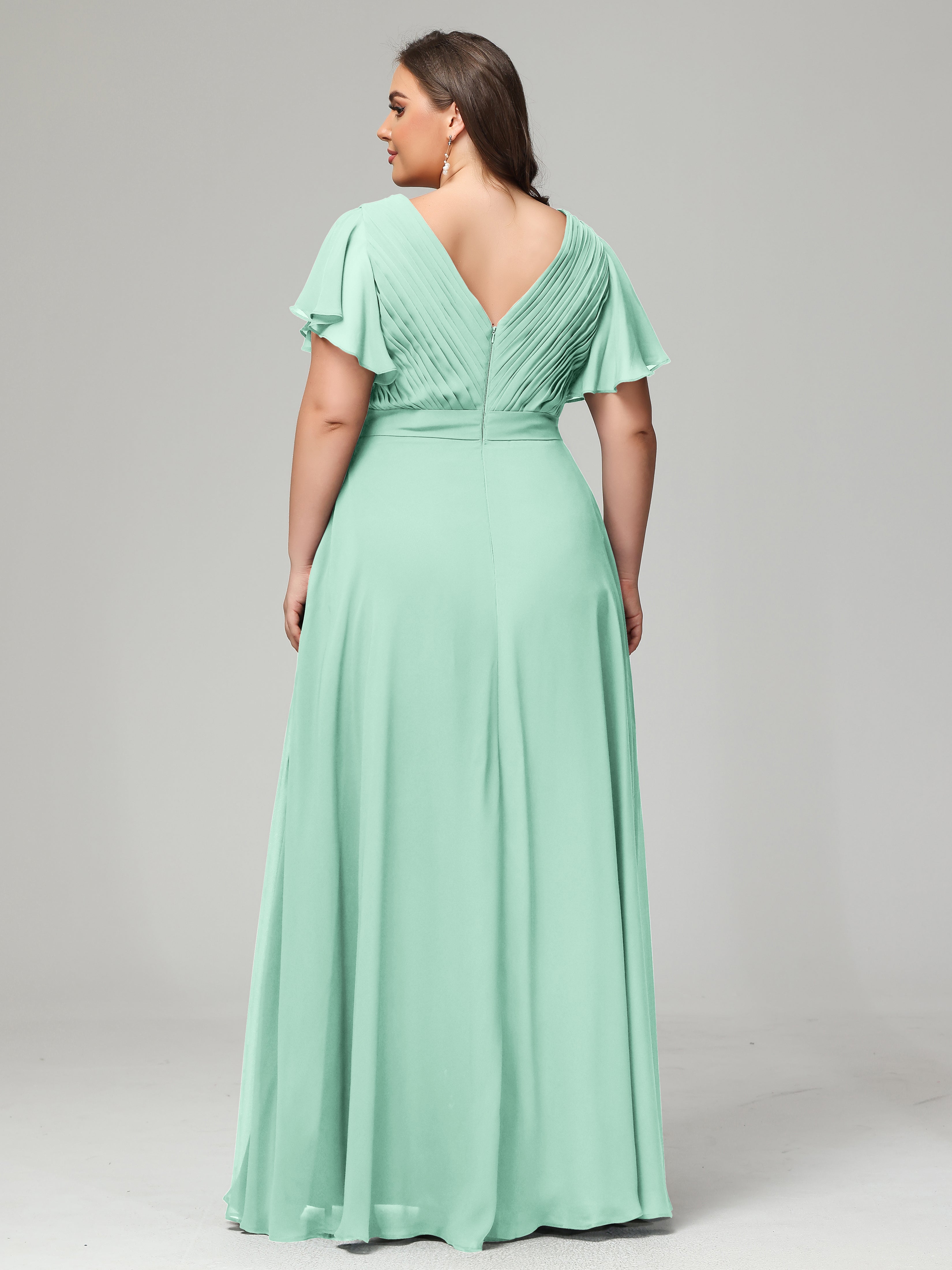 Robe Vert Menthe Demoiselle D Honneur Grande Taille Dos En V Manches Courtes Mousseline
