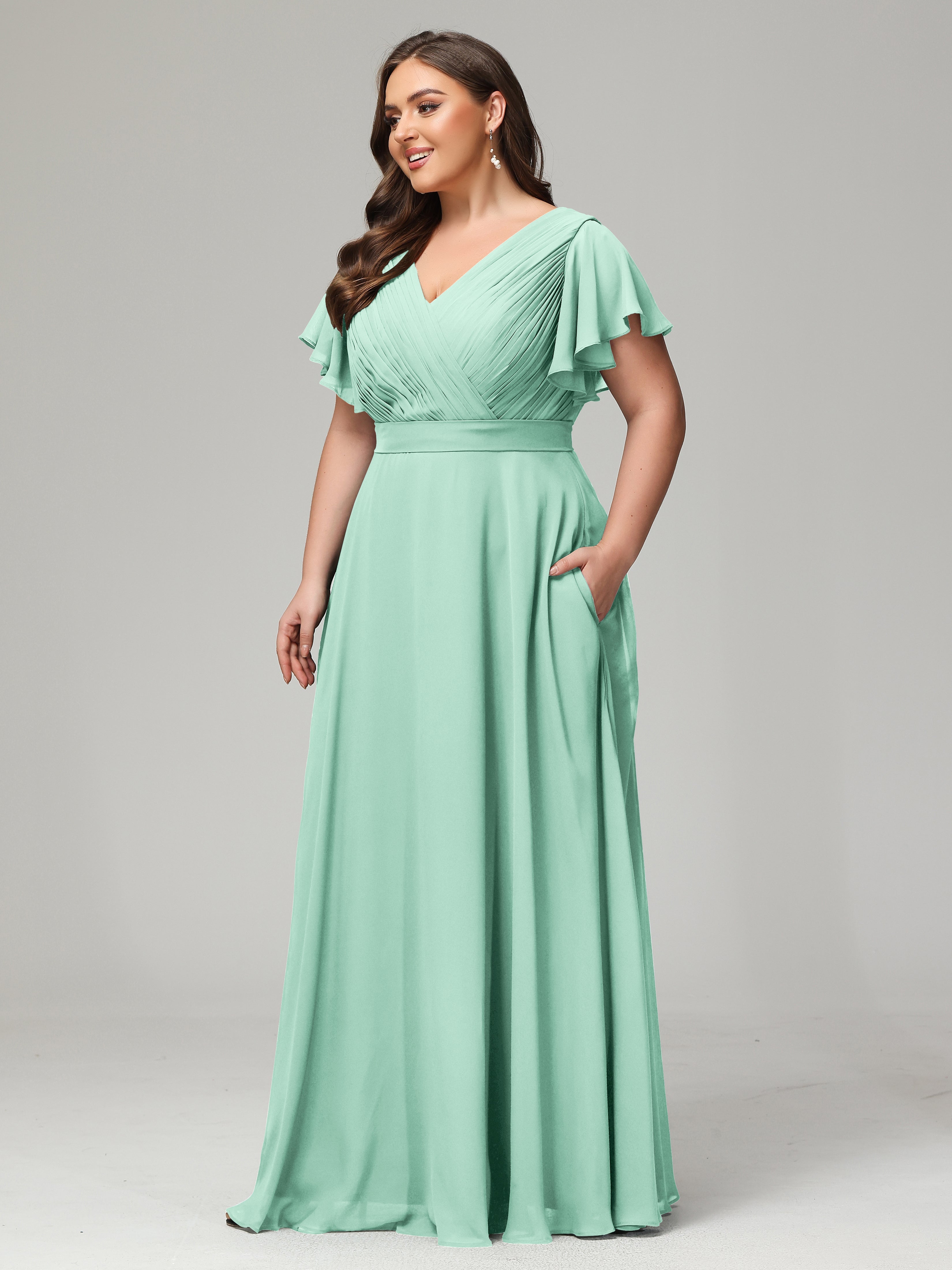 Robe Vert Menthe Demoiselle D Honneur Grande Taille Dos En V Manches Courtes Mousseline