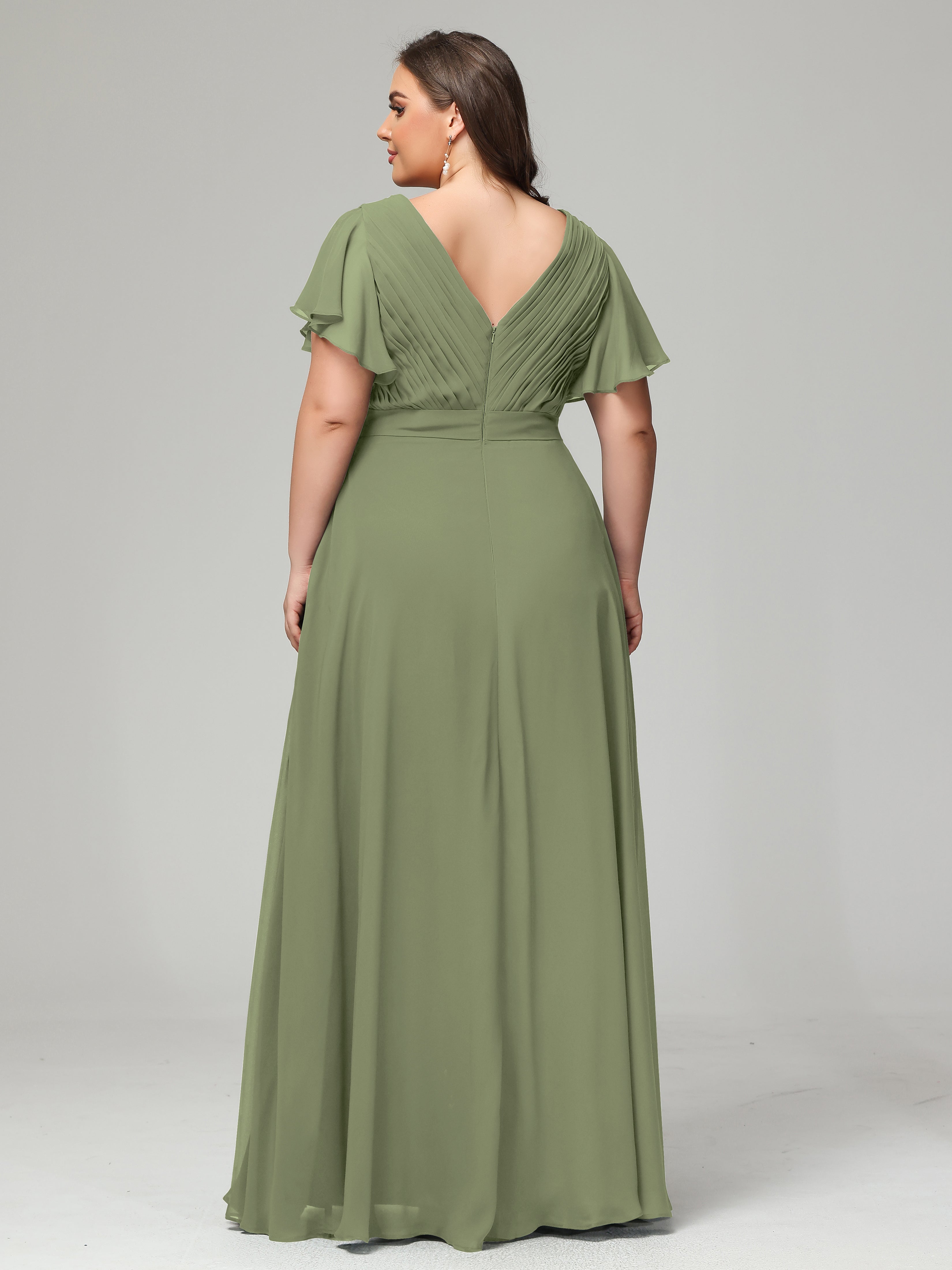 Robe Vert Olive Demoiselle D Honneur Grande Taille Dos En V Manches Courtes Mousseline
