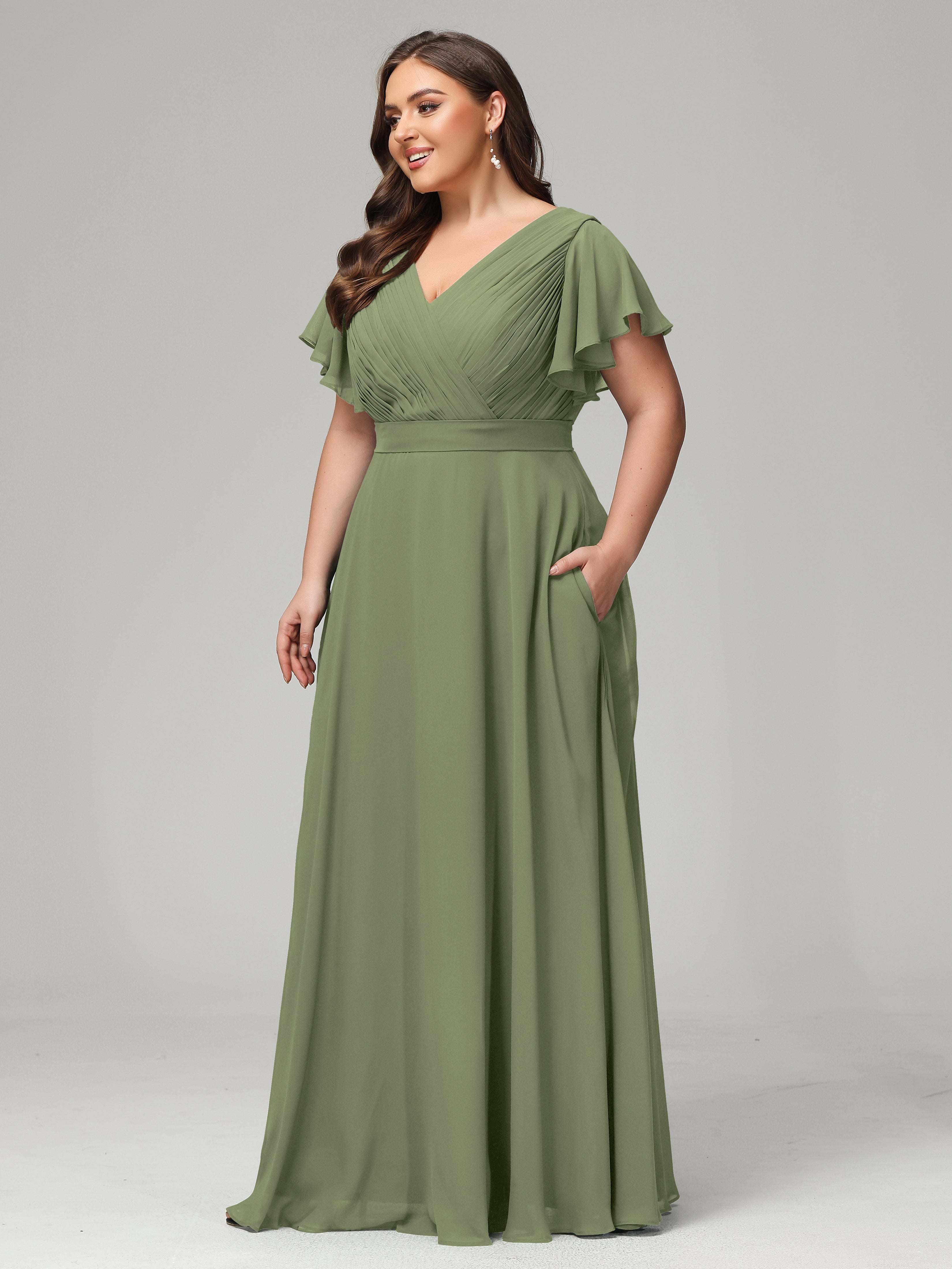 Robe Vert Olive Demoiselle D Honneur Grande Taille Dos En V Manches Courtes Mousseline