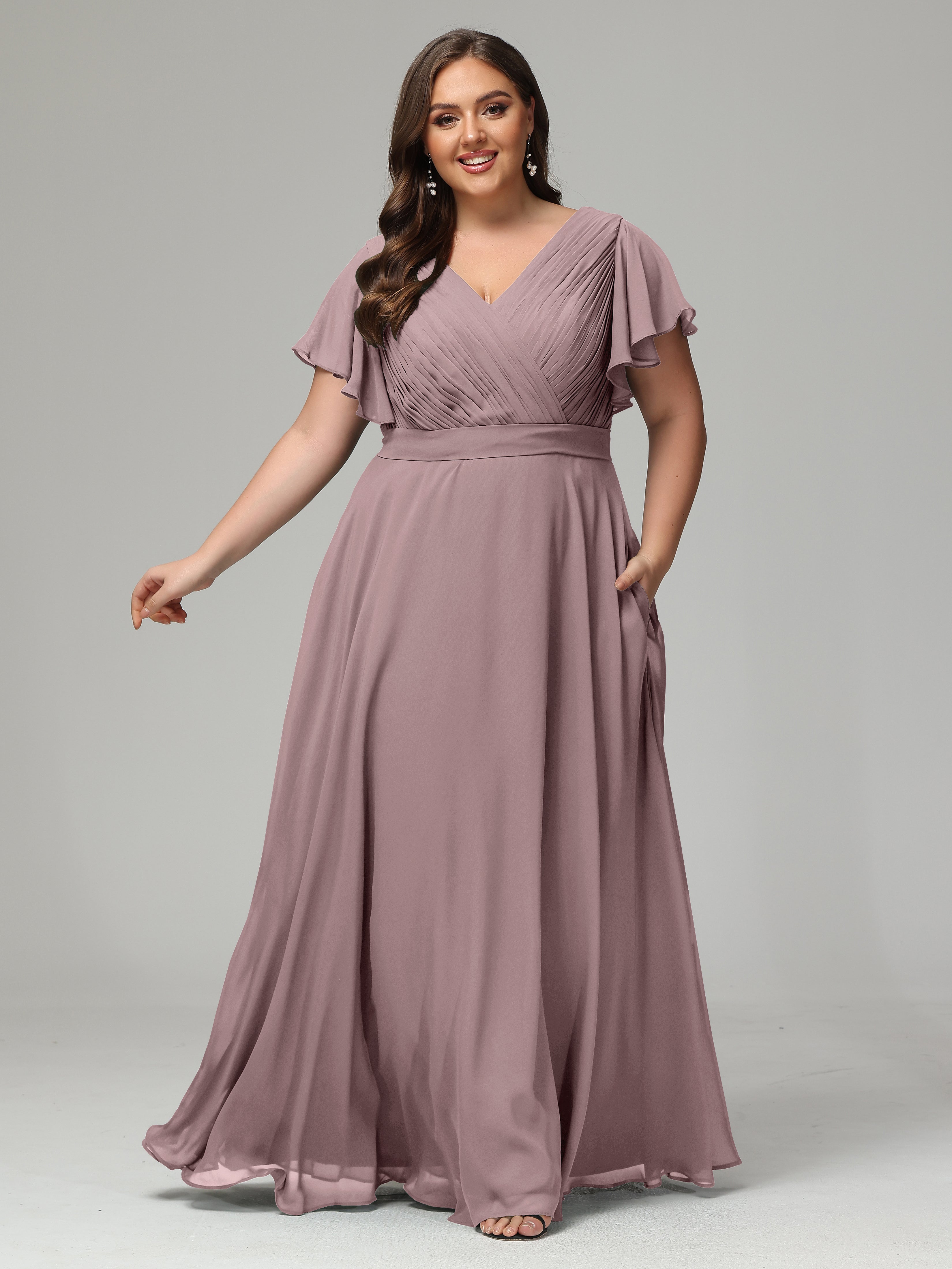 Robes De Demoiselle D'Honneur Vintage Mauve Grande Taille Dos En V Manches Courtes Mousseline