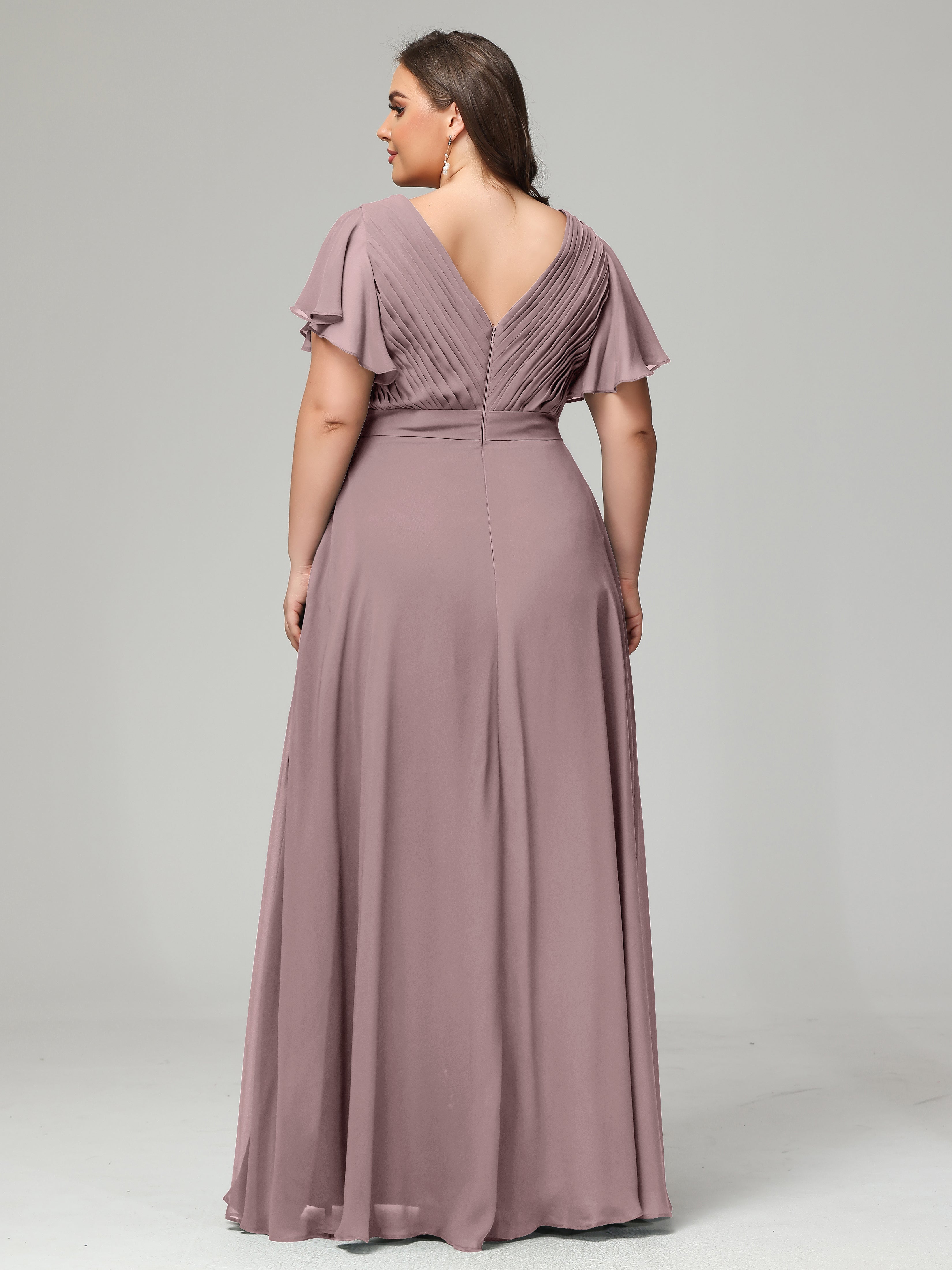 Robes De Demoiselle D'Honneur Vintage Mauve Grande Taille Dos En V Manches Courtes Mousseline