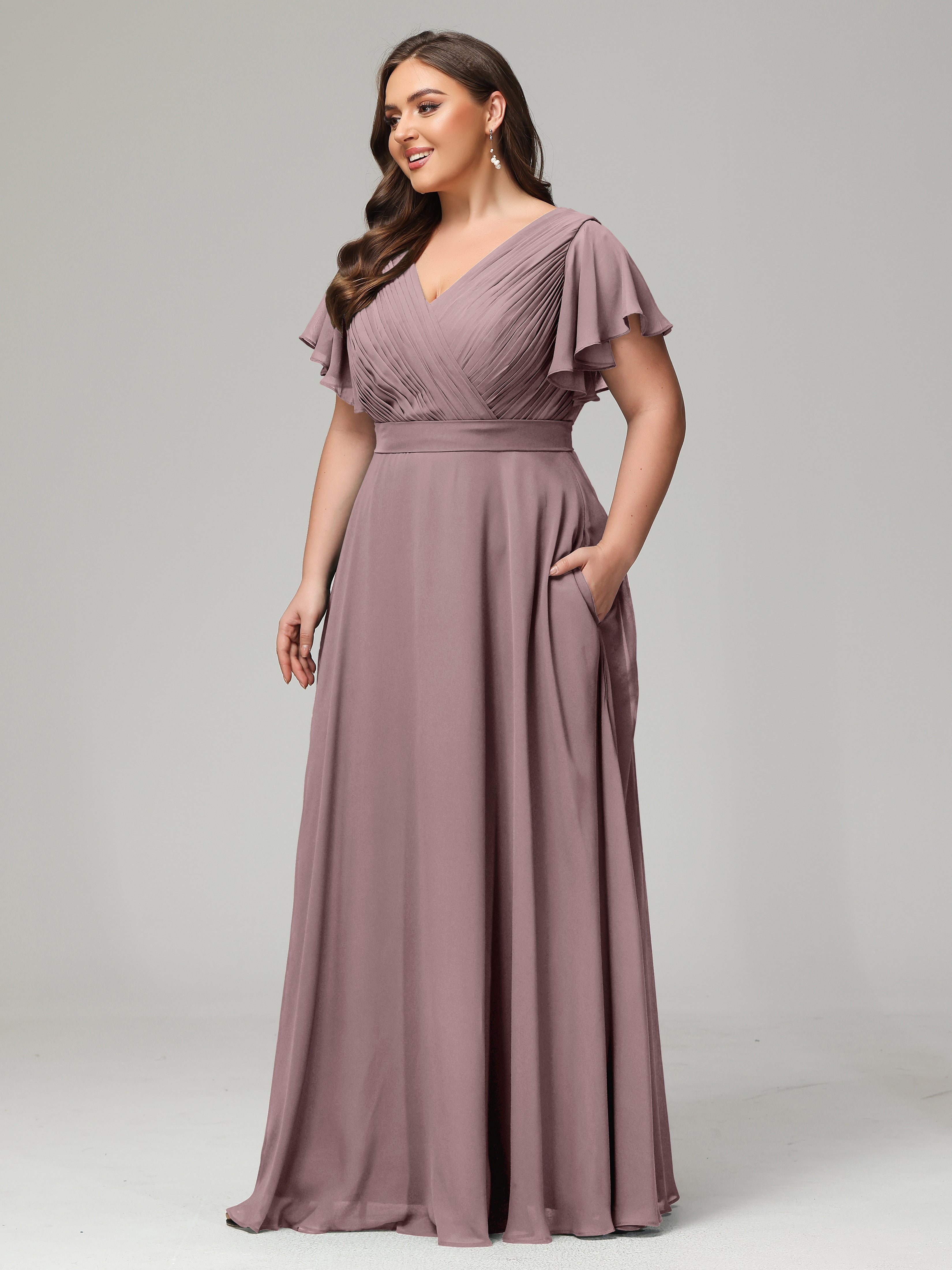 Robes De Demoiselle D'Honneur Vintage Mauve Grande Taille Dos En V Manches Courtes Mousseline