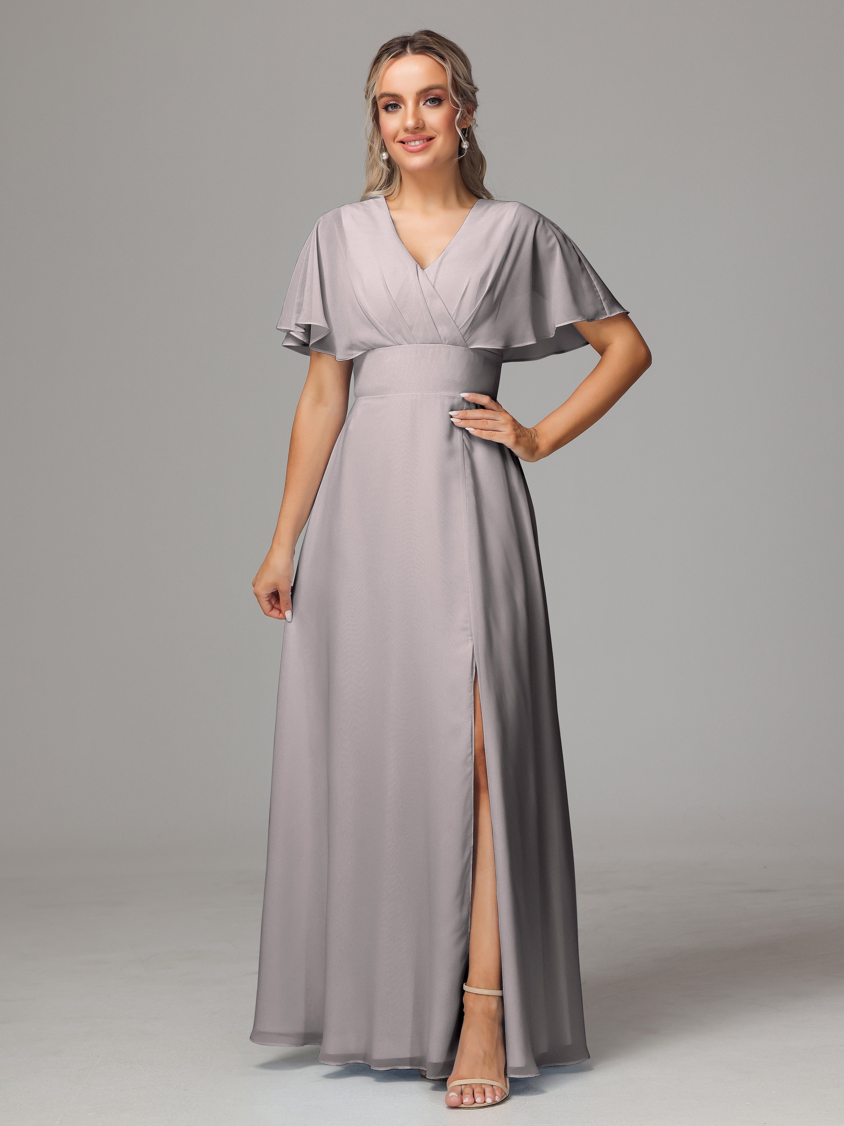 Robes De Demoiselle D'Honneur En Argent Trapèze Col V Fendue Devant Mousseline Robe Demoiselle D'Honneur