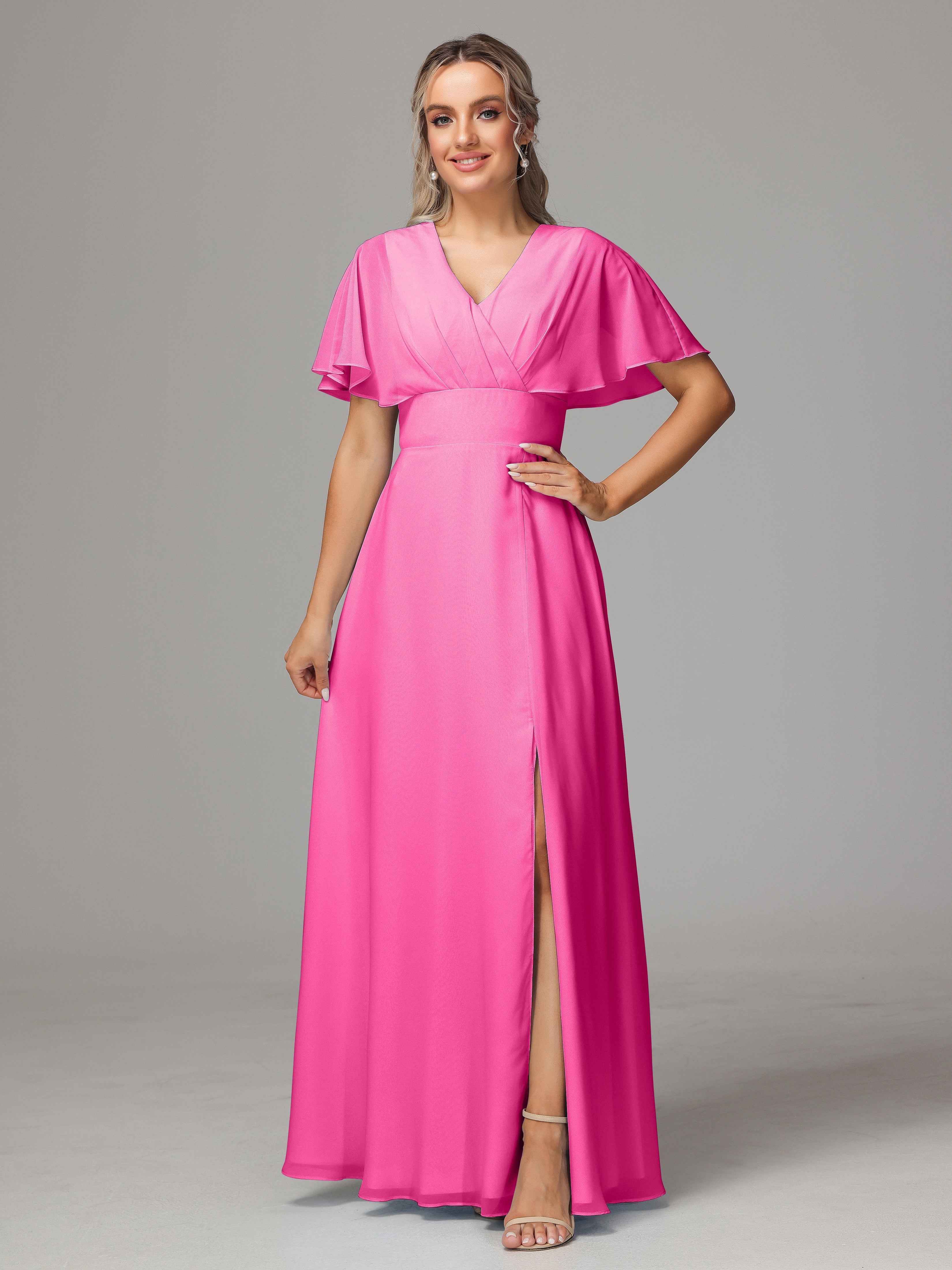 Robe Demoiselle D Honneur En Azalée Trapèze Col V Fendue Devant Mousseline Robe Demoiselle D'Honneur