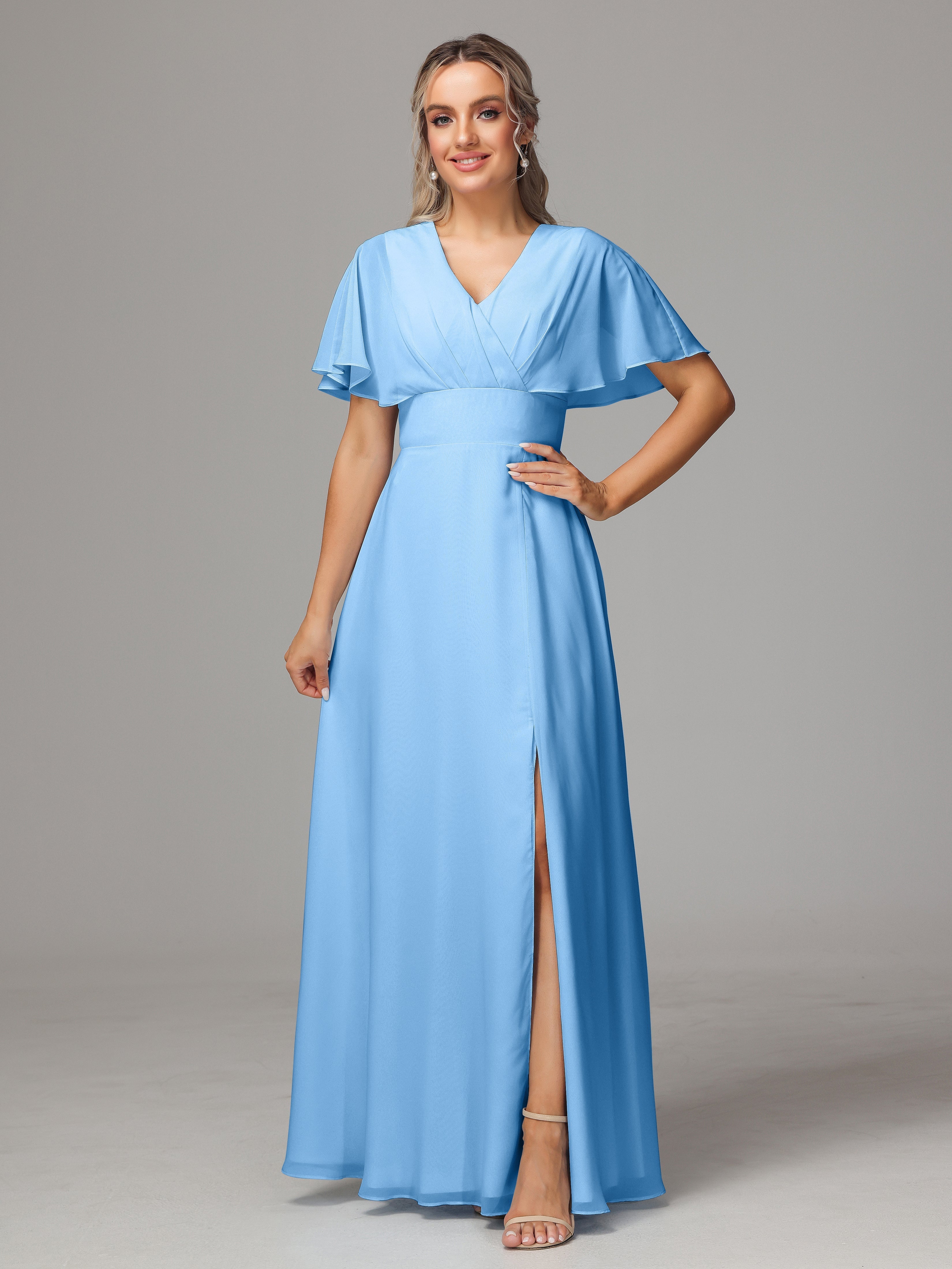 Demoiselle D Honneur Robe Bleu Trapèze Col V Fendue Devant Mousseline Robe Demoiselle D'Honneur