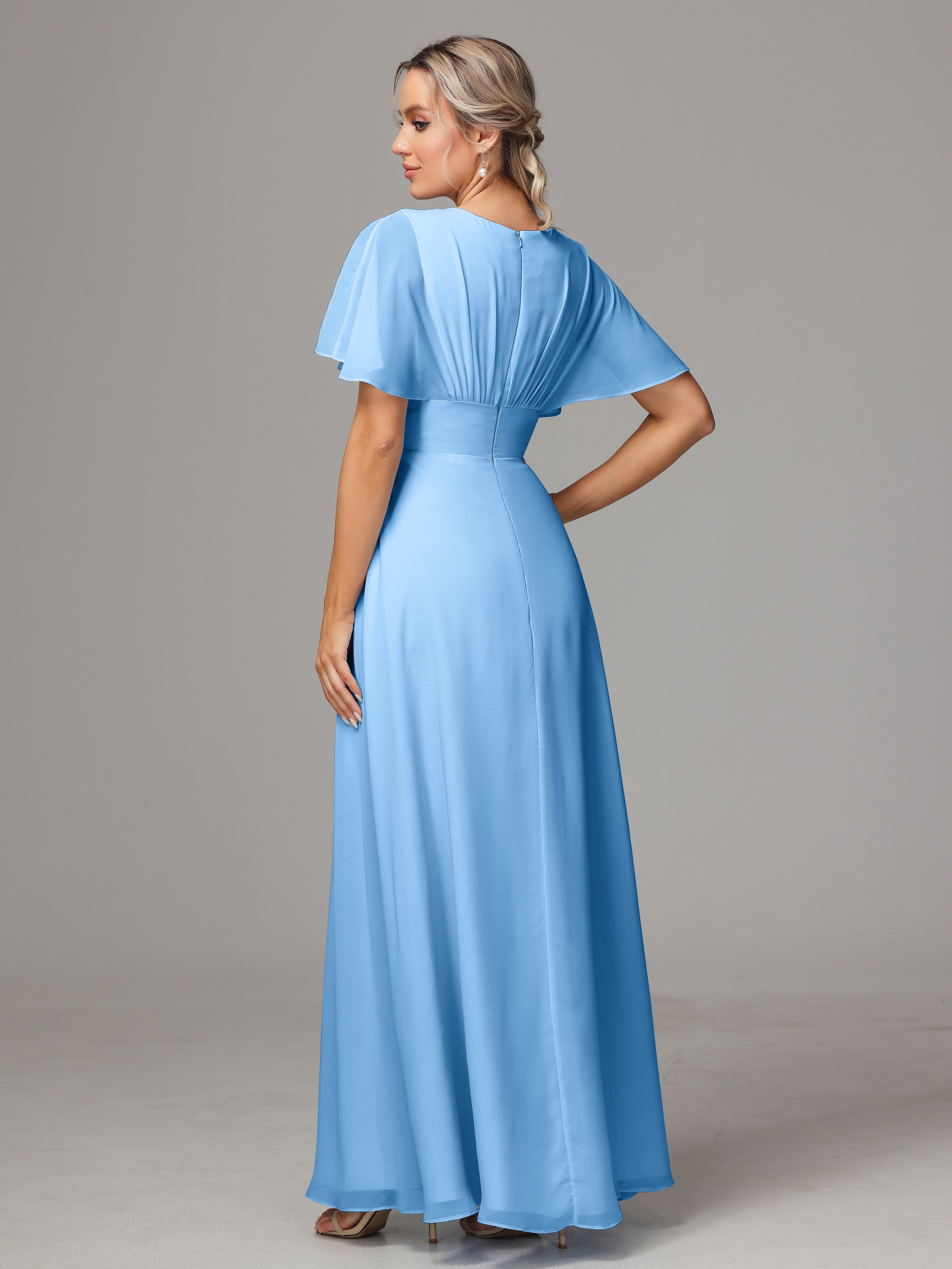 Demoiselle D Honneur Robe Bleu Trapèze Col V Fendue Devant Mousseline Robe Demoiselle D'Honneur