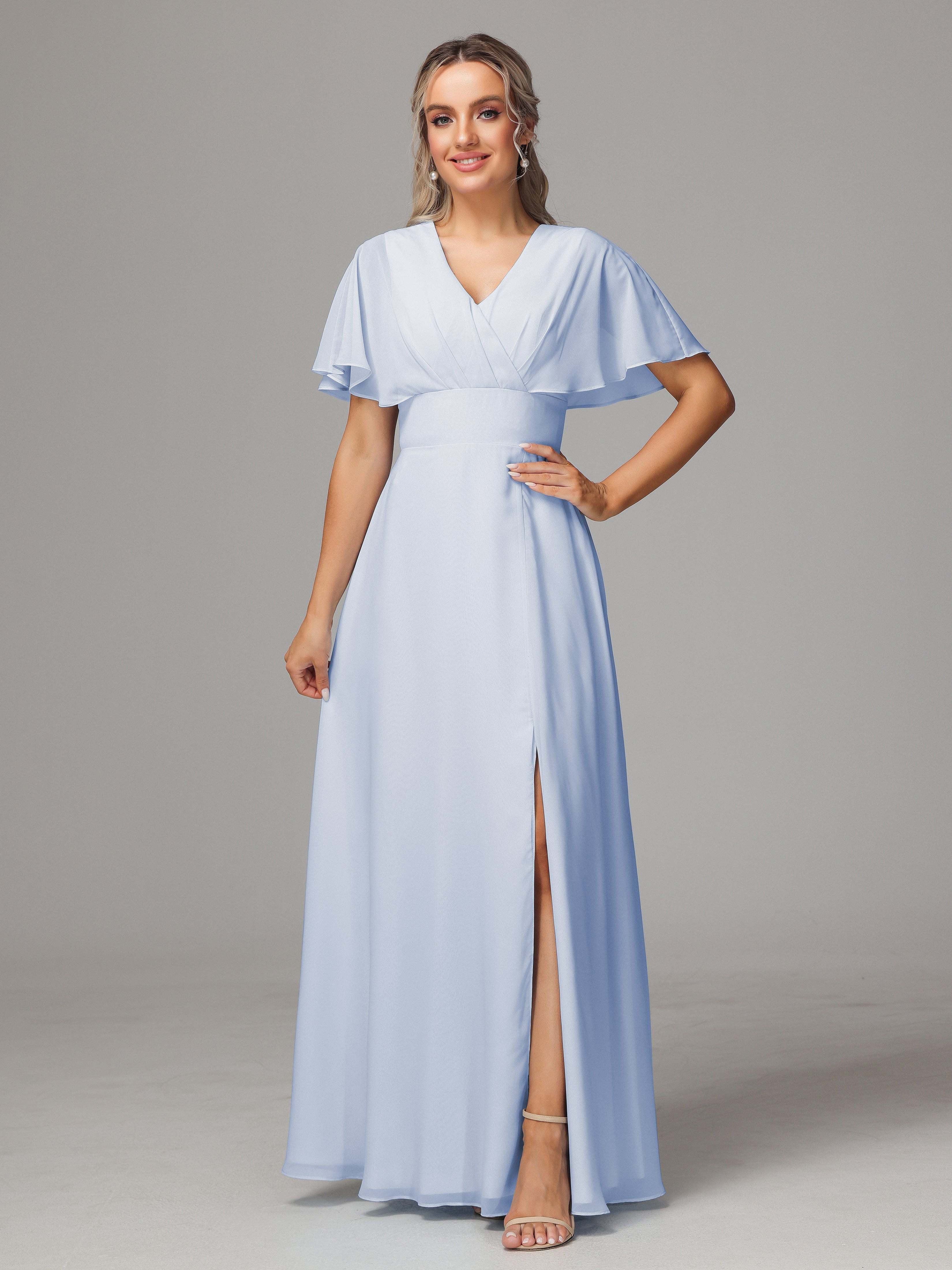 Demoiselle D Honneur Bleu Ciel Trapèze Col V Fendue Devant Mousseline Robe Demoiselle D'Honneur