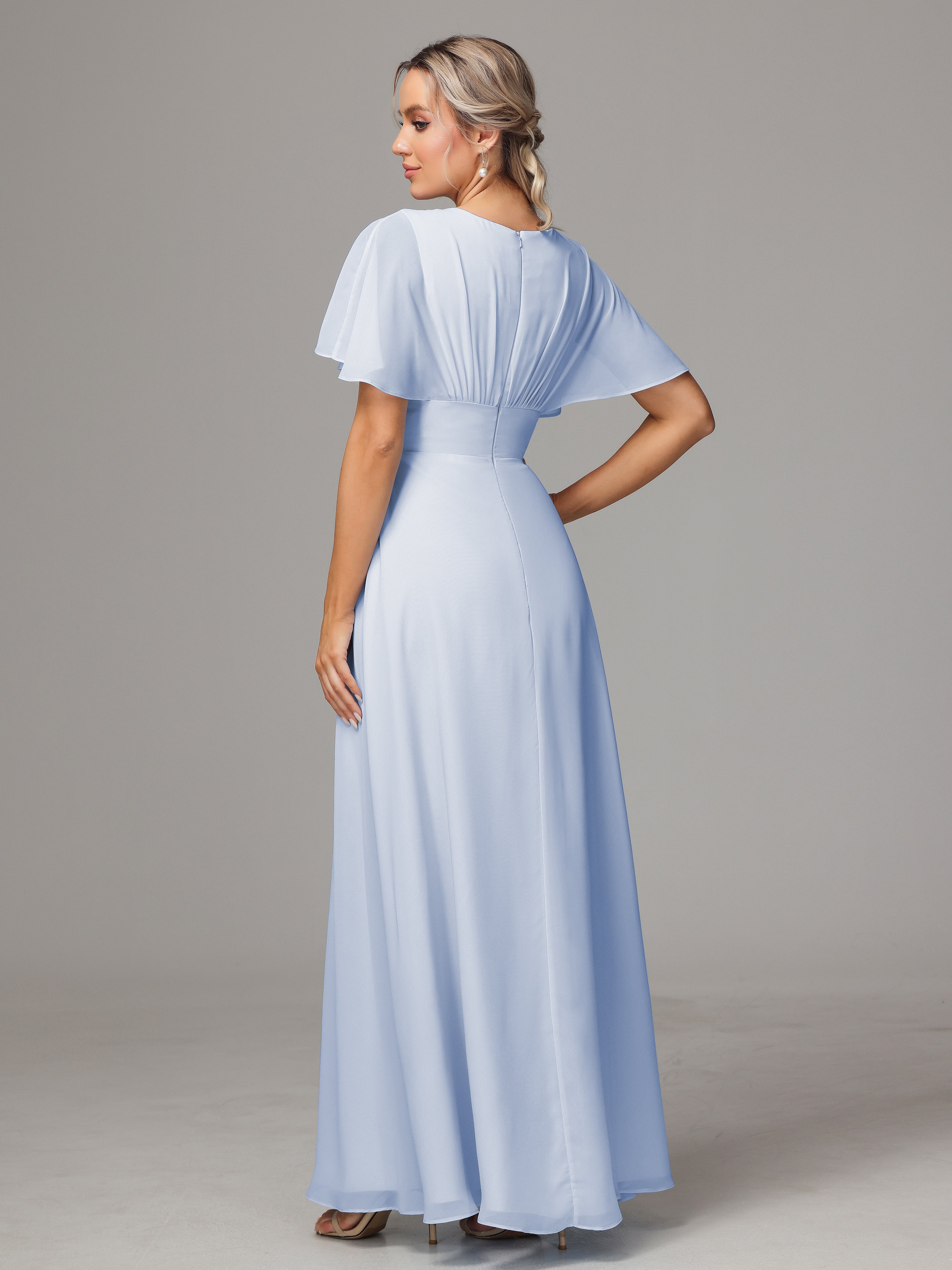Demoiselle D Honneur Bleu Ciel Trapèze Col V Fendue Devant Mousseline Robe Demoiselle D'Honneur