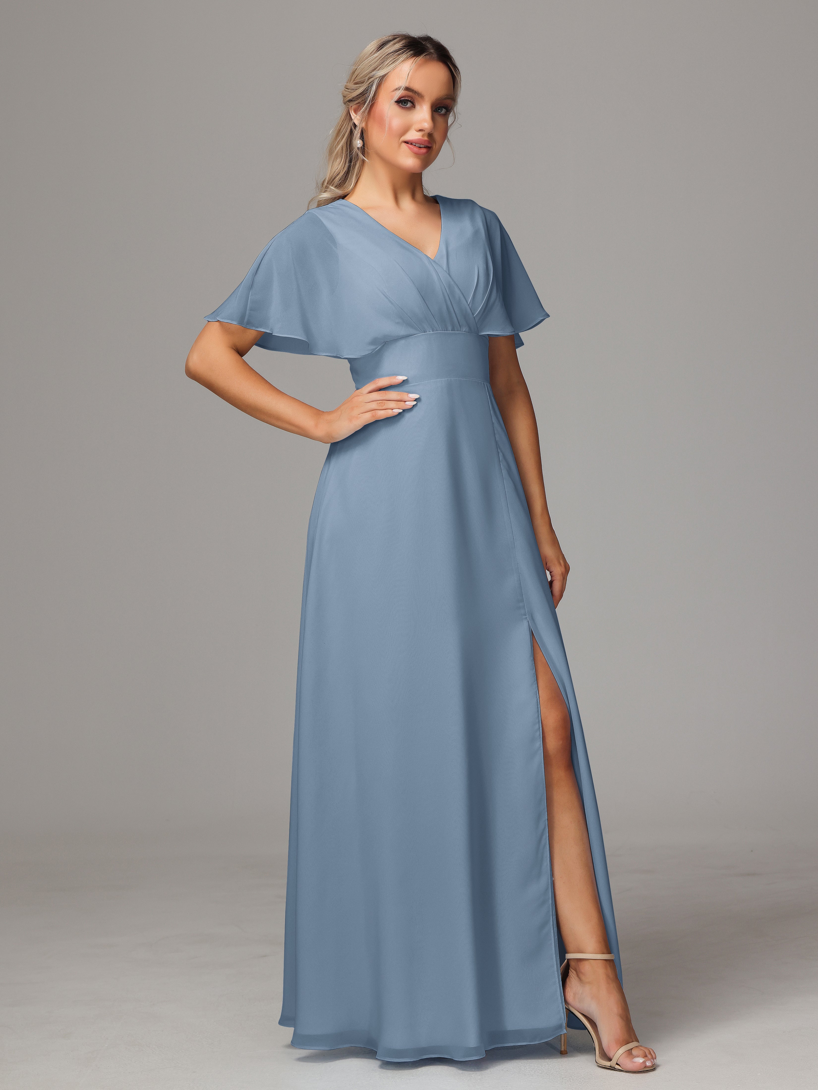 Robes De Demoiselle D'Honneur Bleu De Schiste Trapèze Col V Fendue Devant Mousseline Robe Demoiselle D'Honneur