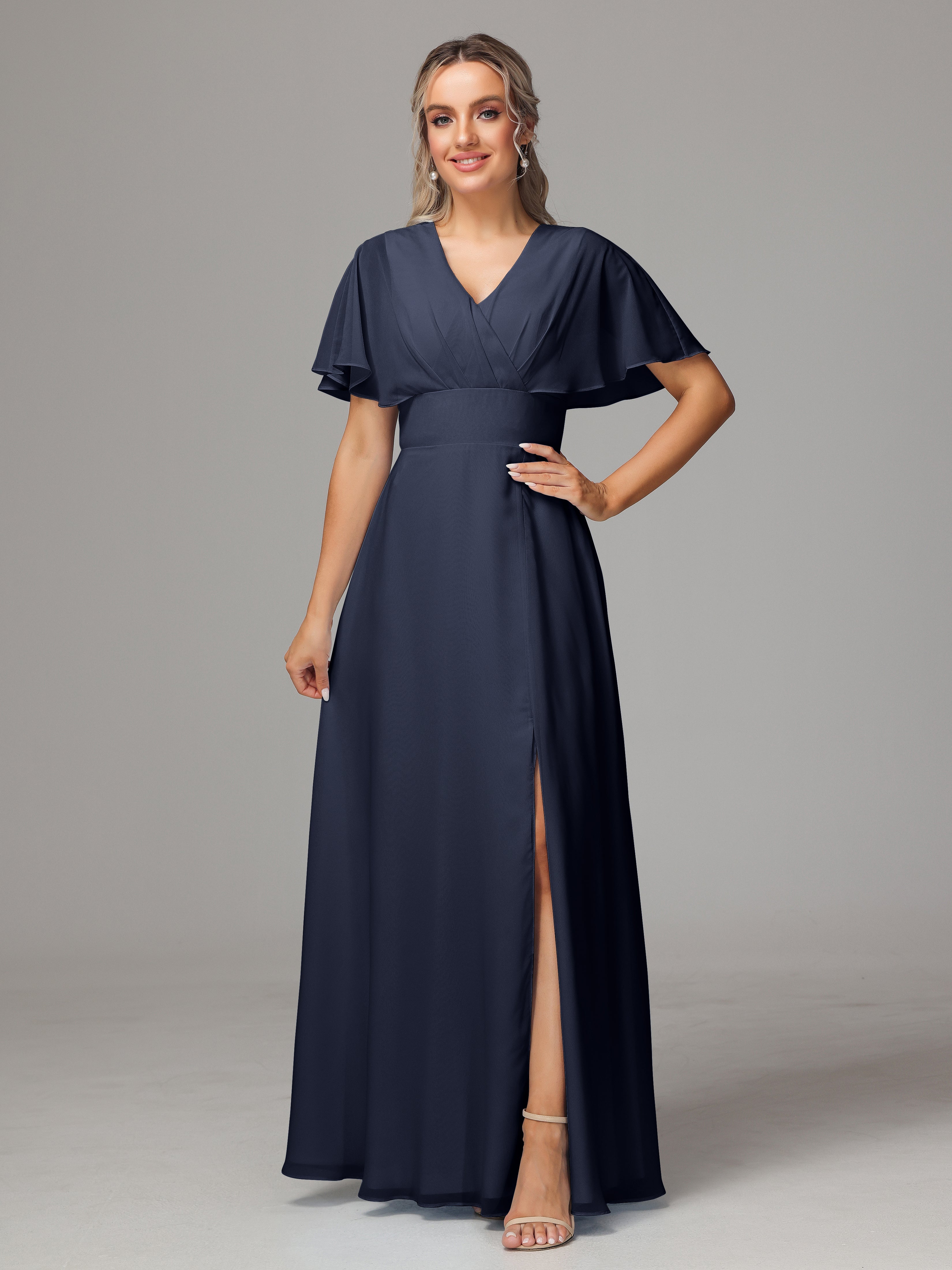 Robe Bleu Marine Demoiselle D Honneur Trapèze Col V Fendue Devant Mousseline Robe Demoiselle D'Honneur